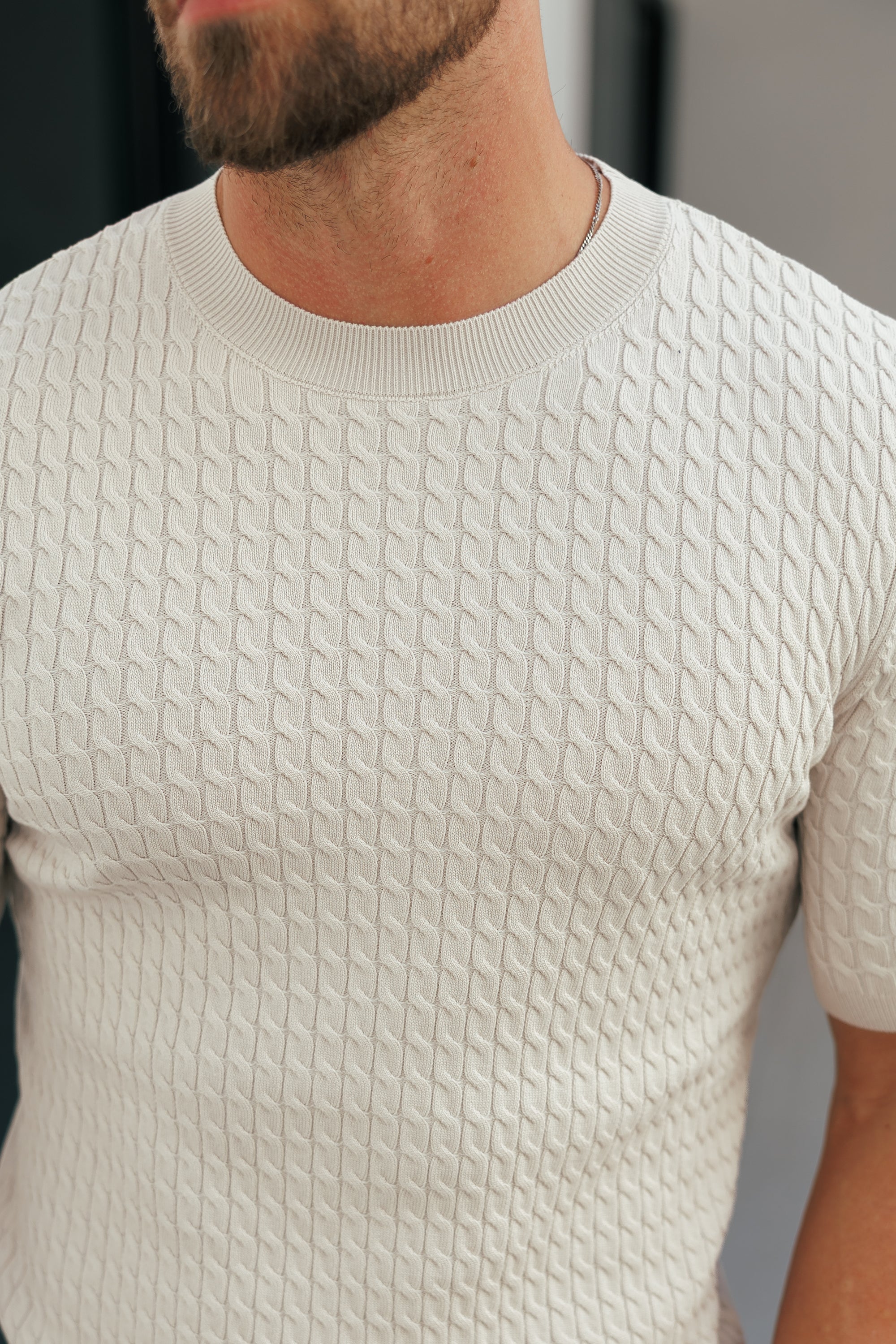 Front Chain Knit Crew Tshirt Cream Short Sleeve  -  FSR057