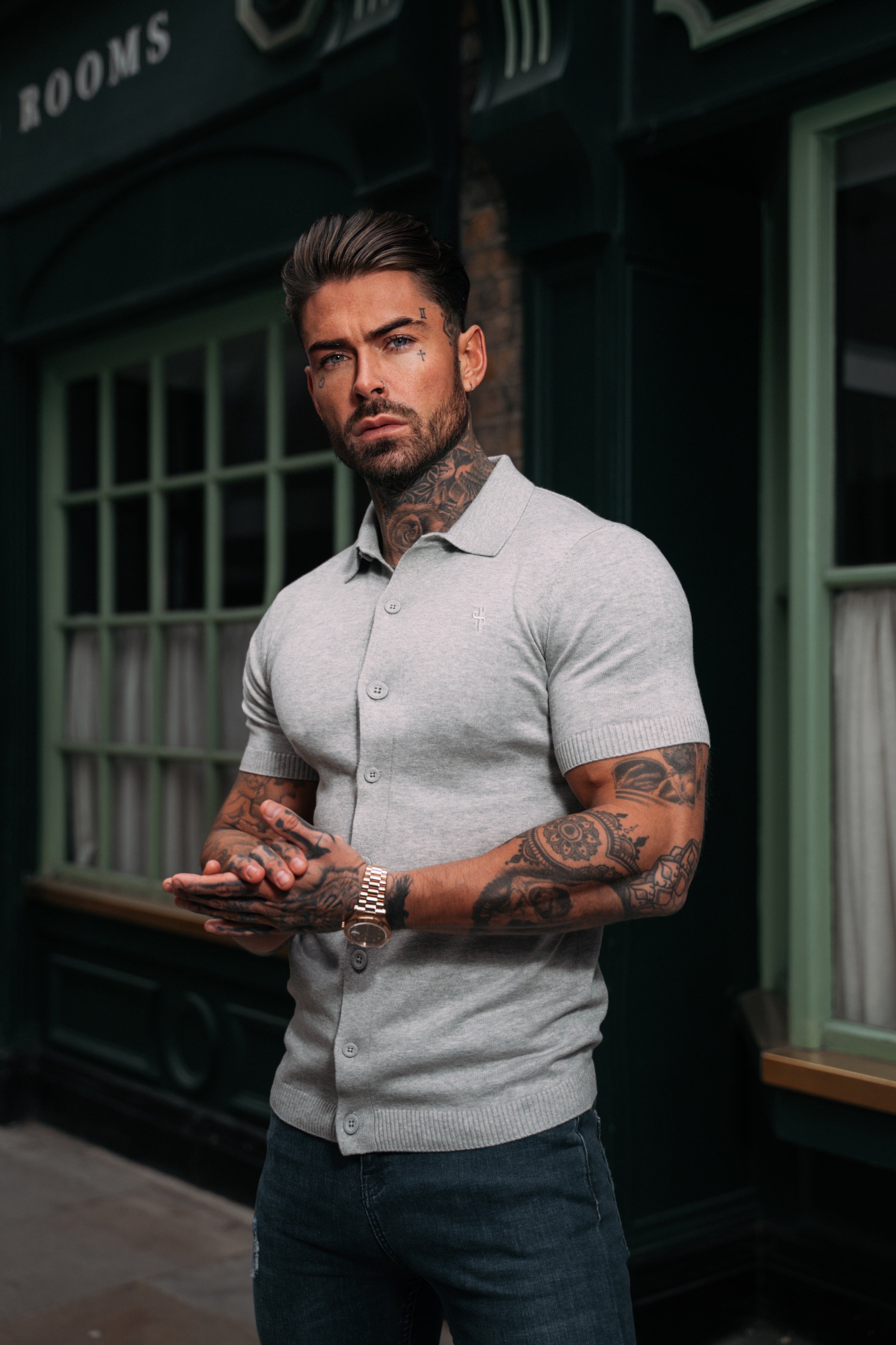Classic Plain Light Grey Knitted Button Through Polo Short Sleeve - FSN102