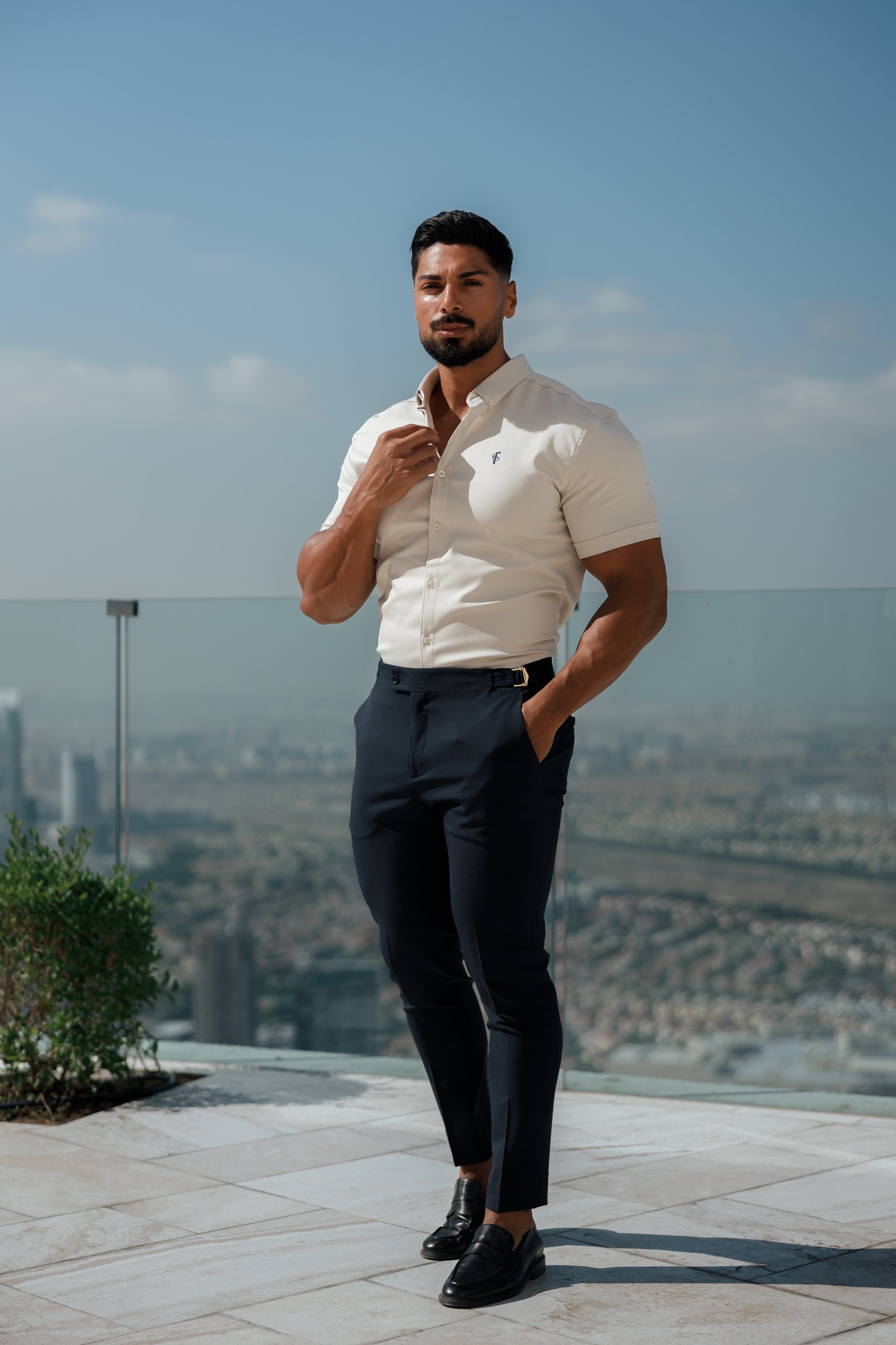 Father Sons Slim Formal Navy Stretch Pants With Gold Waist Adjusters - FST016