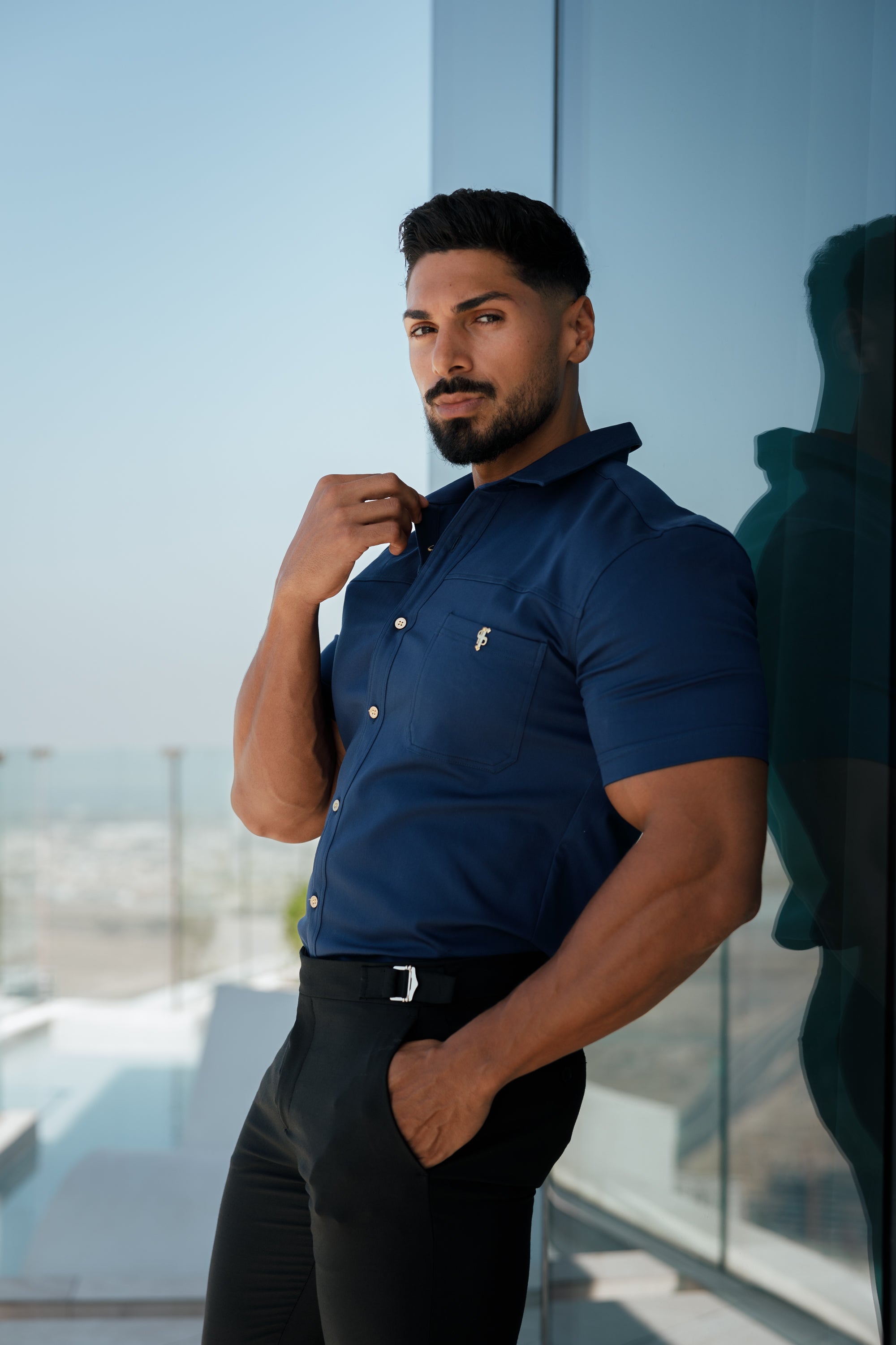 Super Slim Stretch Navy Denim Short Sleeve with Horizontal Seam and Pocket- FS959