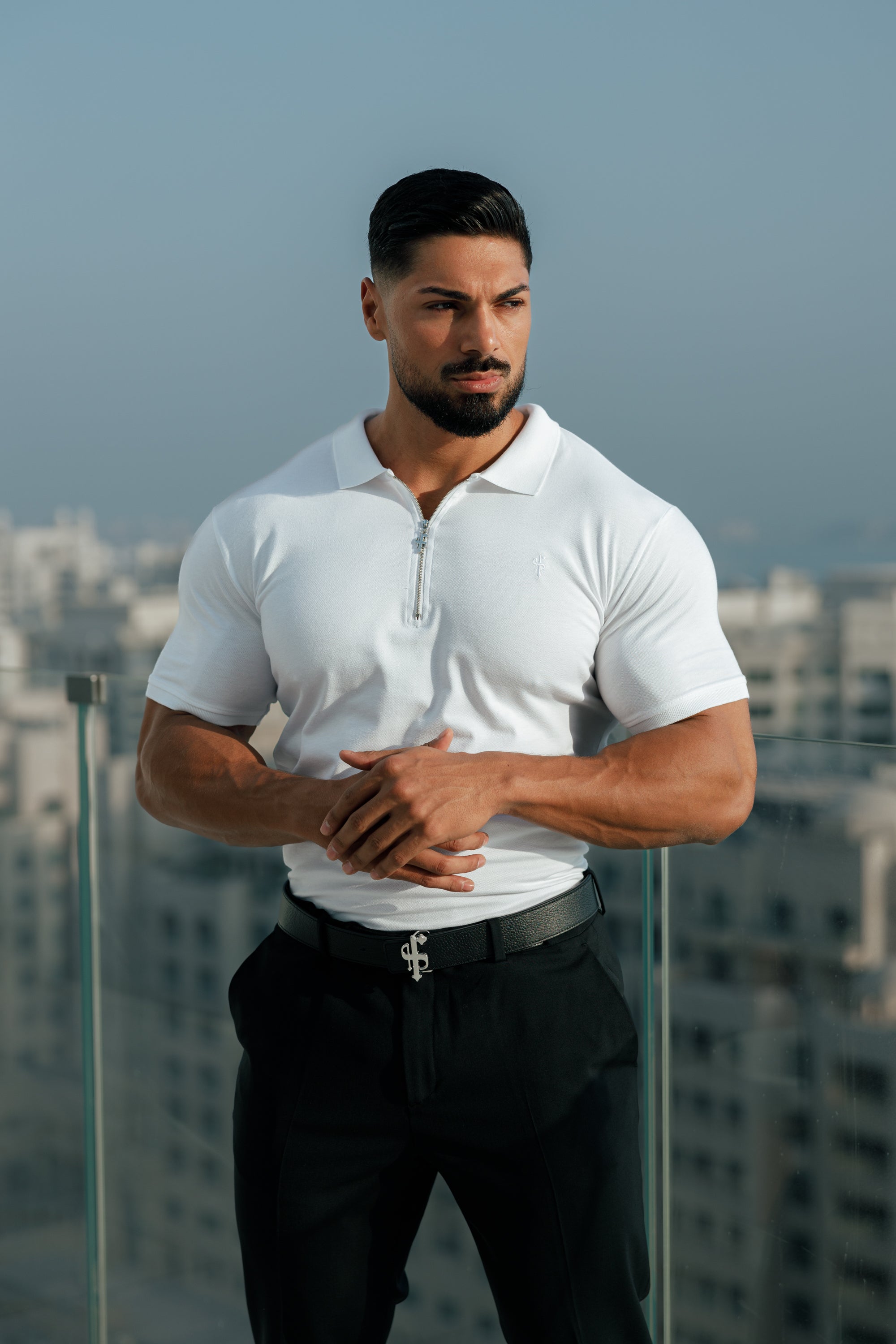 Classic White and Silver Zipped Polo Shirt - FSH853