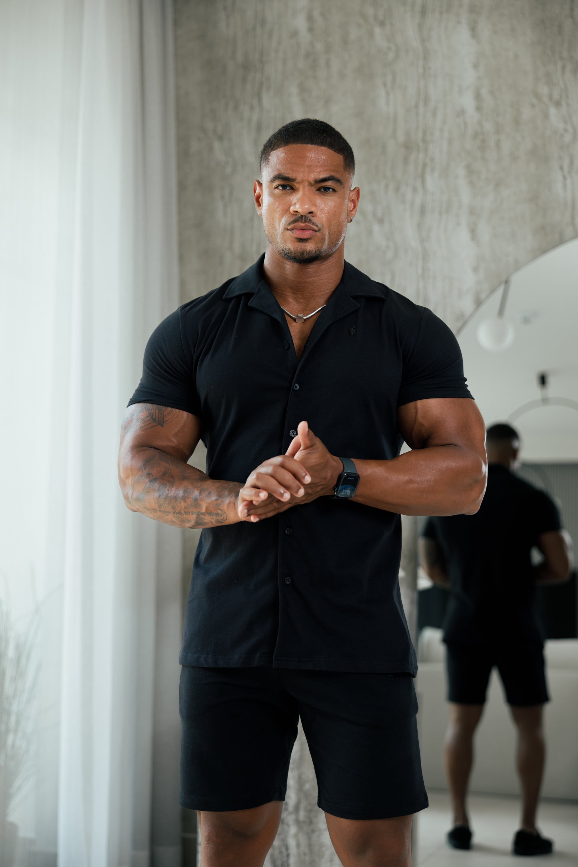 Stretch Black Pique Revere Shirt Short Sleeve - FSH1067