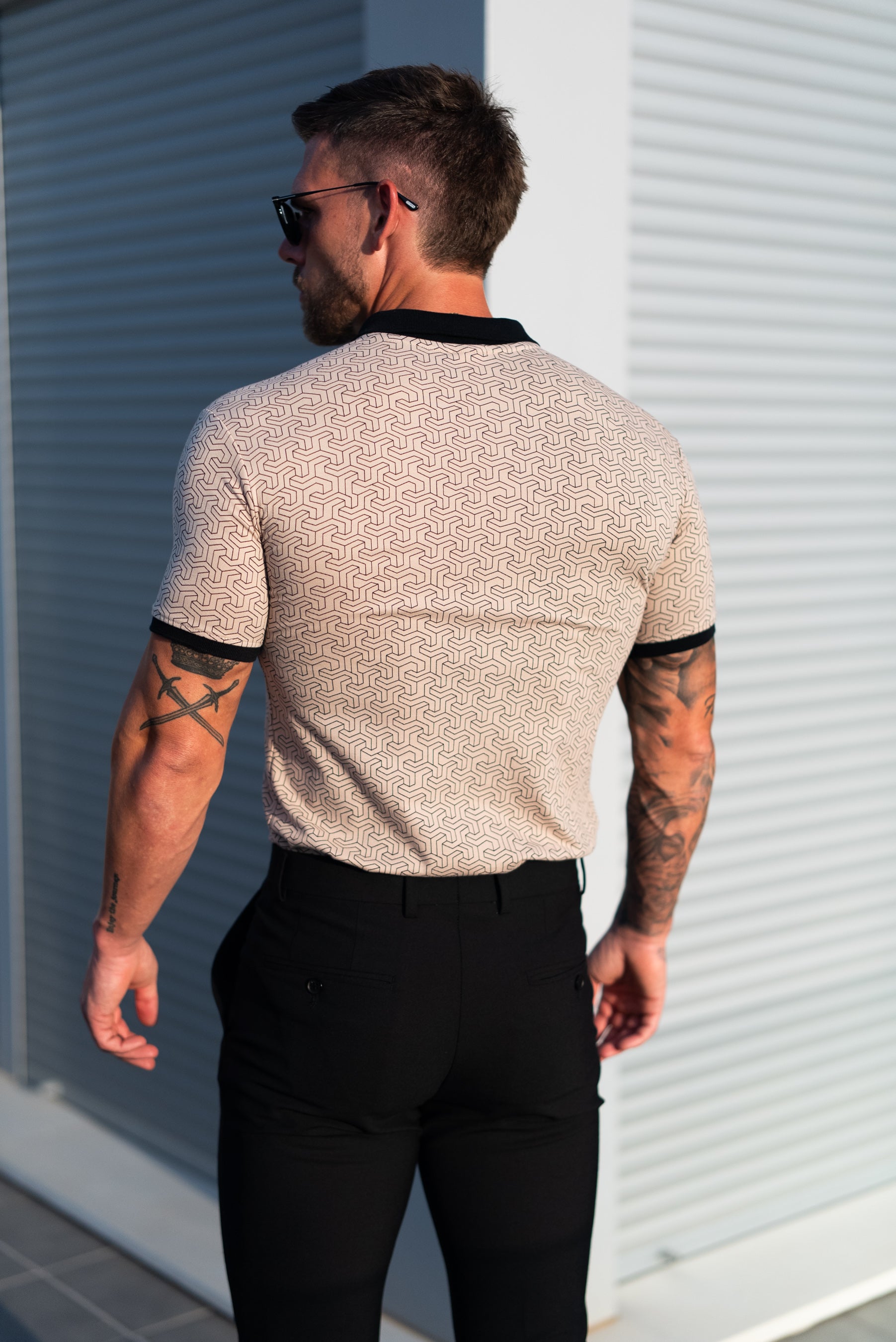 Black / Beige Geo Printed Polo Shirt - FSH1234