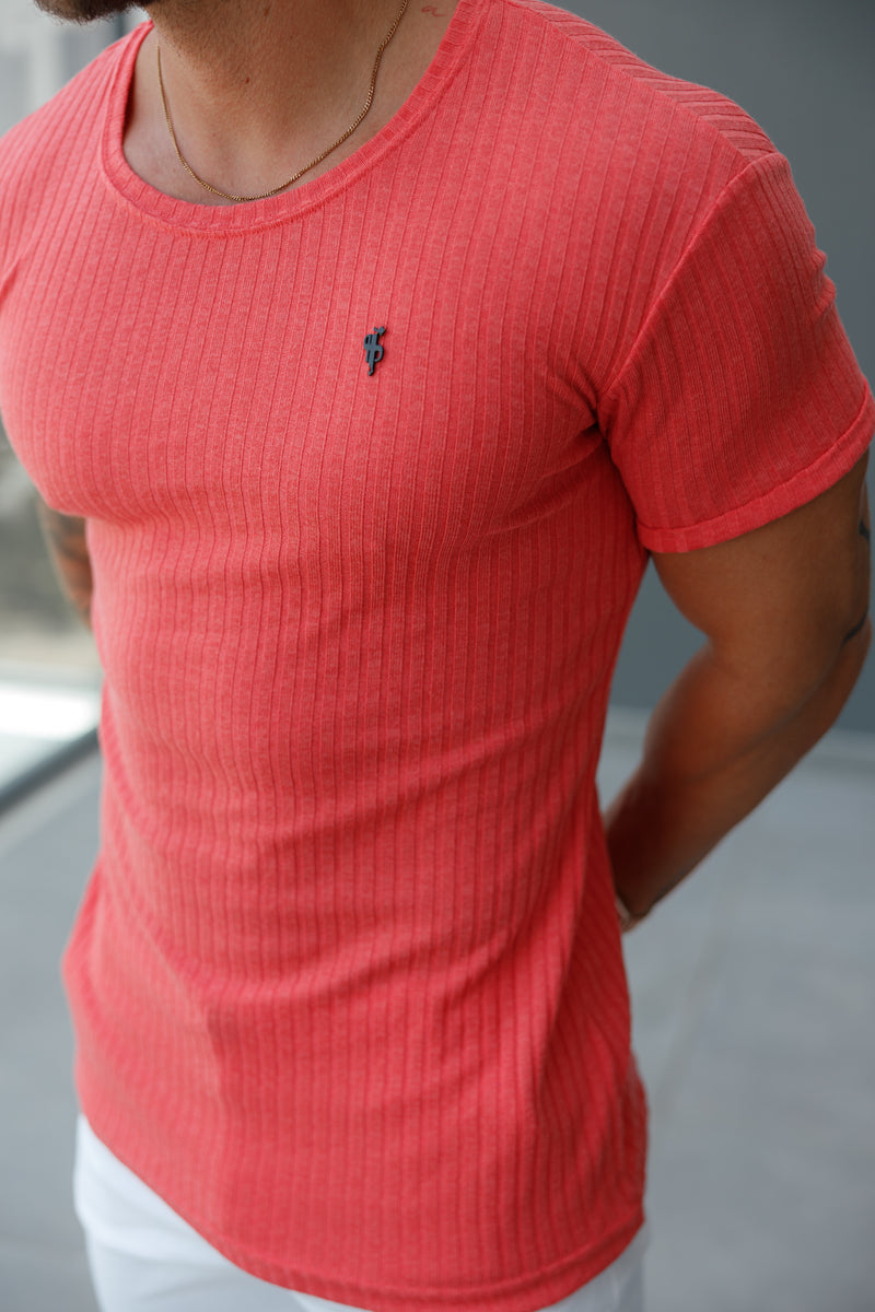 Father Sons Classic Coral / Black Ribbed Knit Super Slim Short Sleeve Crew - FSH1086