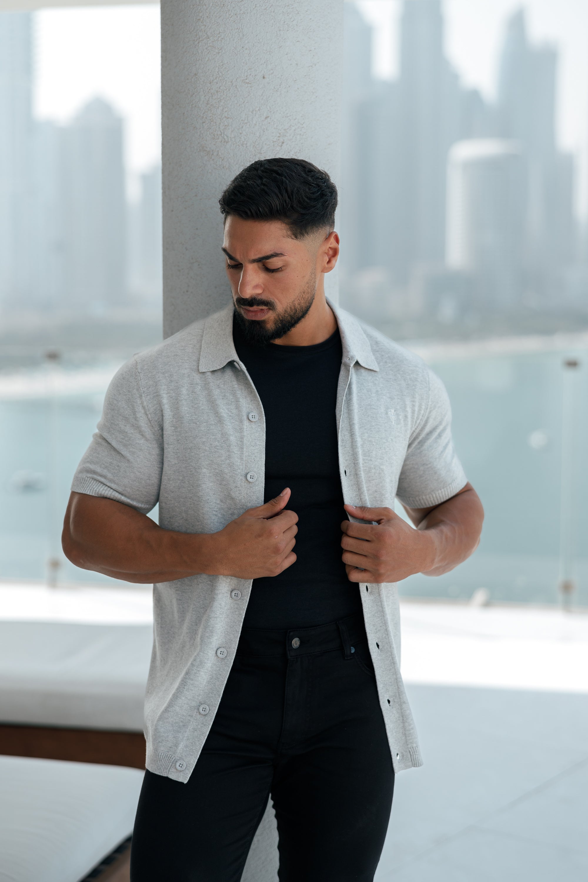 Classic Plain Light Grey Knitted Button Through Polo Short Sleeve - FSN102