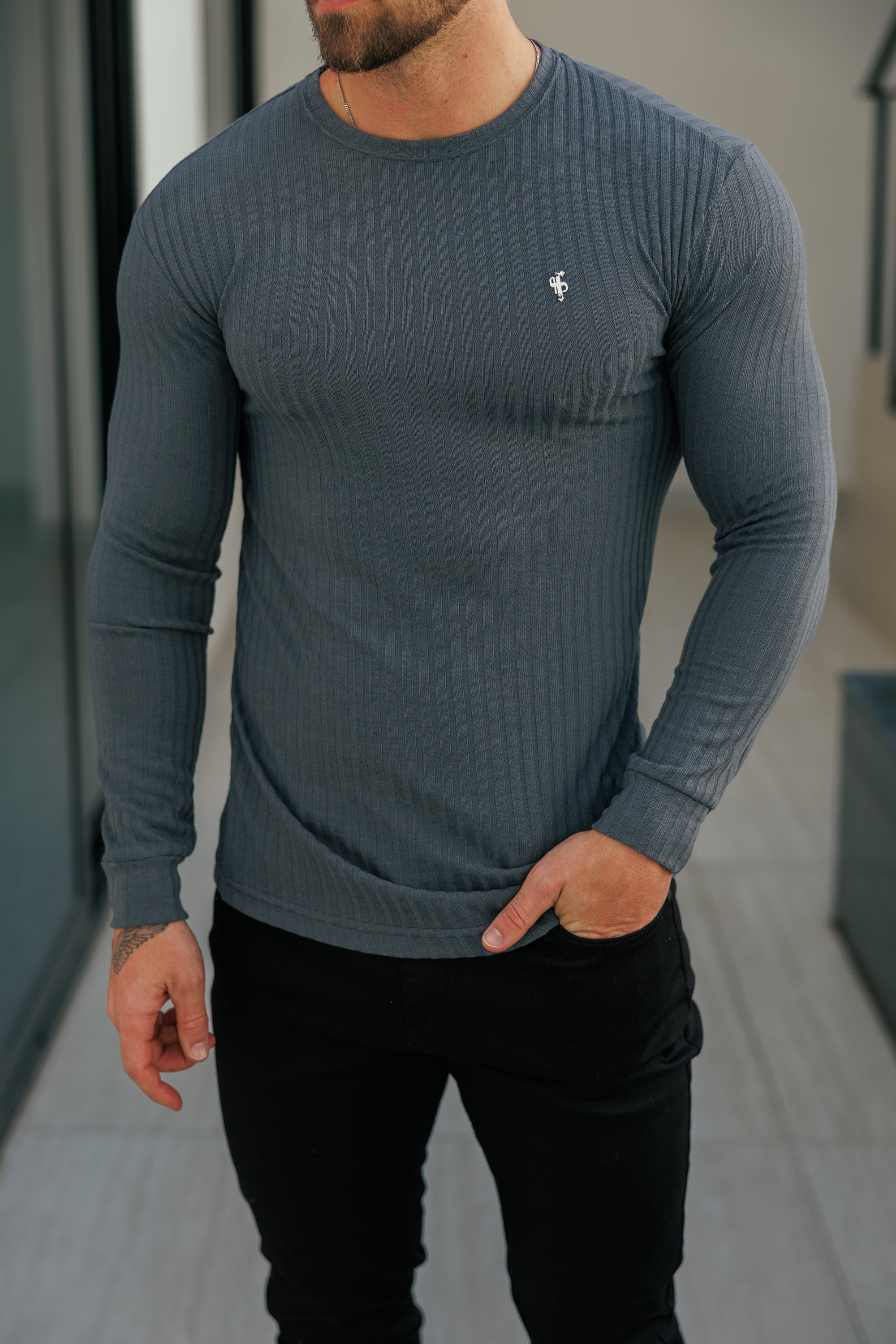 Father Sons Classic Charcoal Ribbed Knit Sweater With Silver Metal Emblem - FSH947