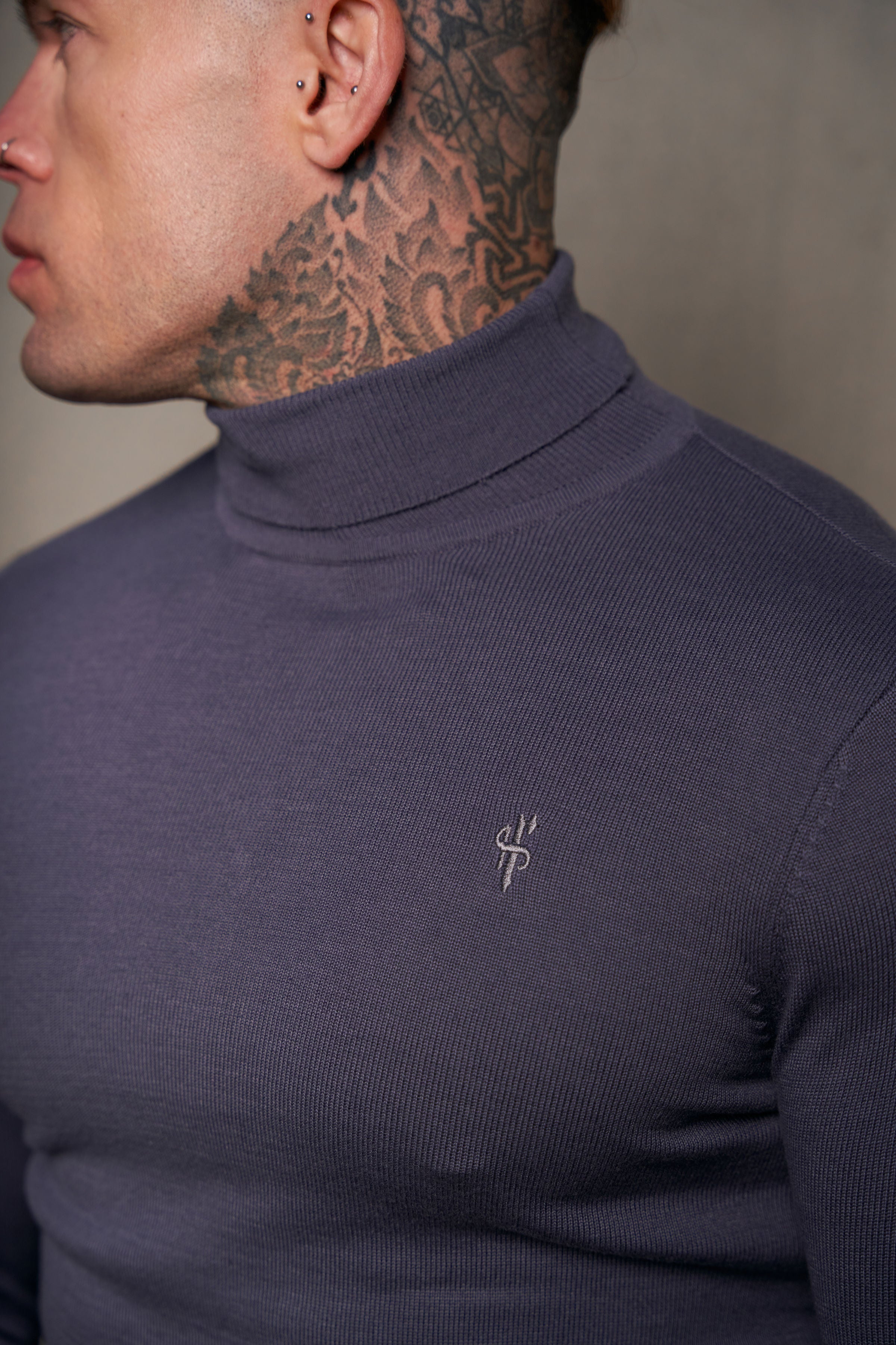 Classic Gunmetal Roll Neck Knitted Jumper With Tonal Emblem - FSN137