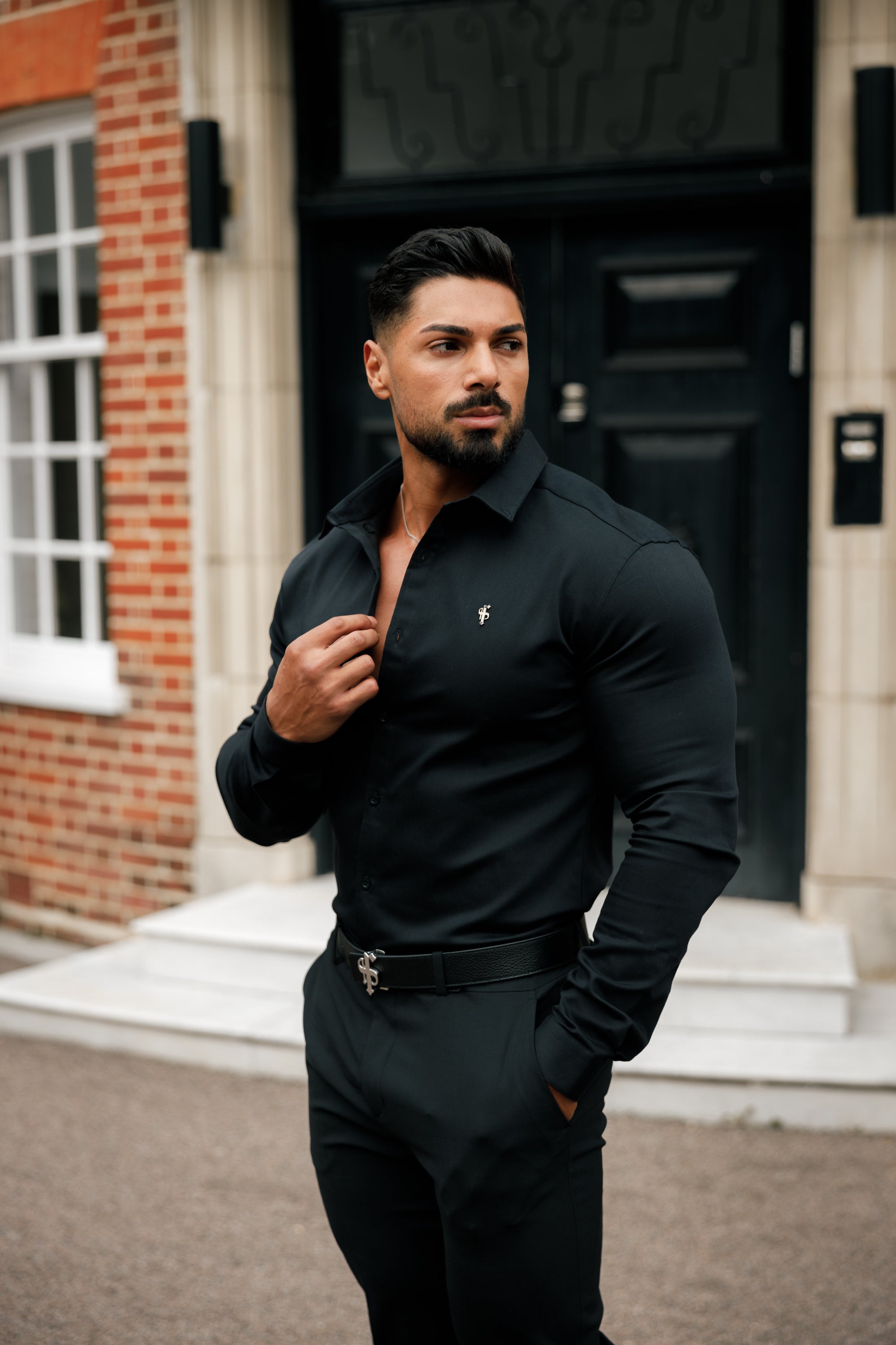 Super Slim Stretch Black Denim Long Sleeve with Metal Decal Emblem - FS642