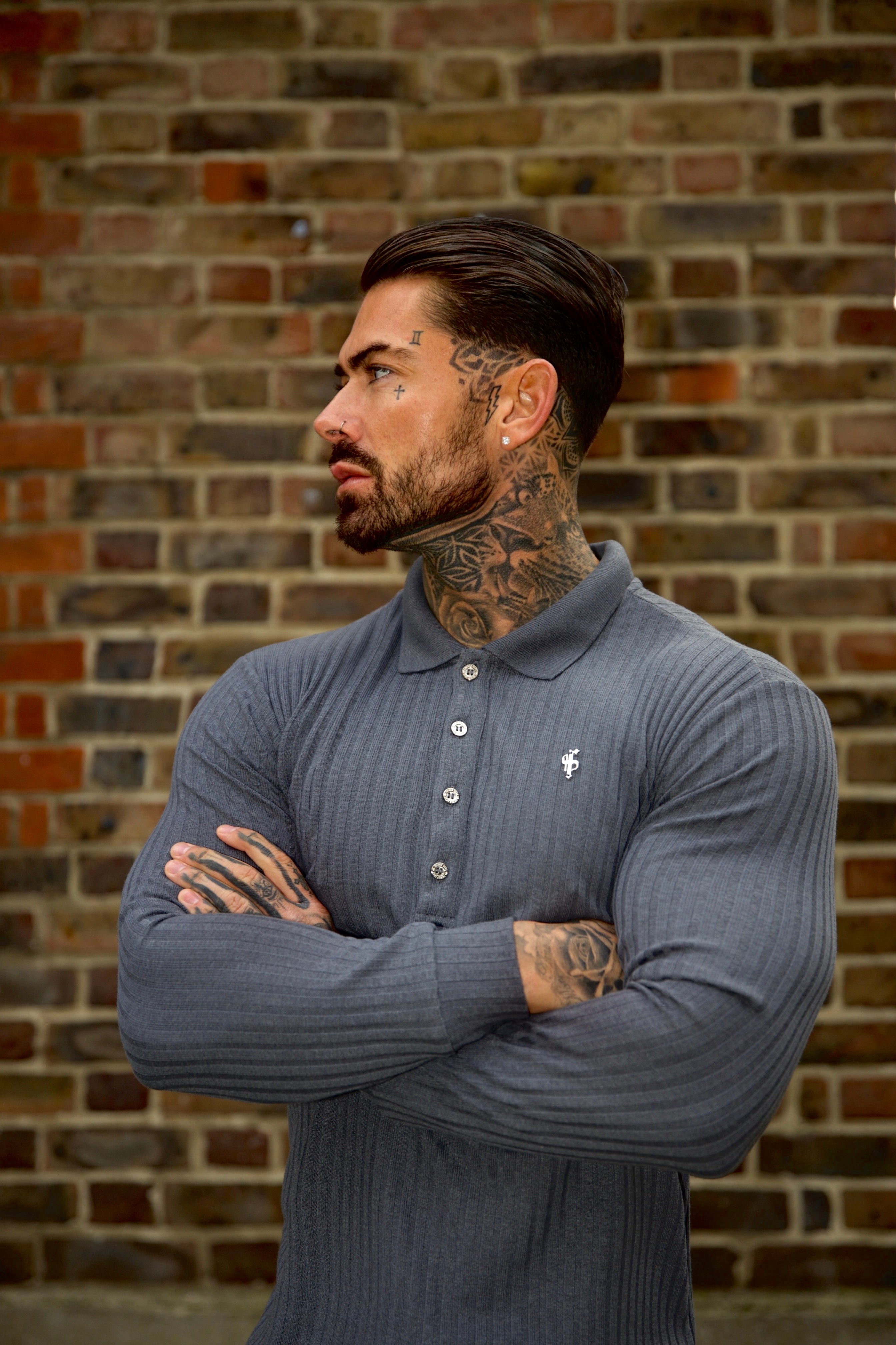 Classic Charcoal Ribbed Polo Shirt Long Sleeve With Silver Decal - FSH971