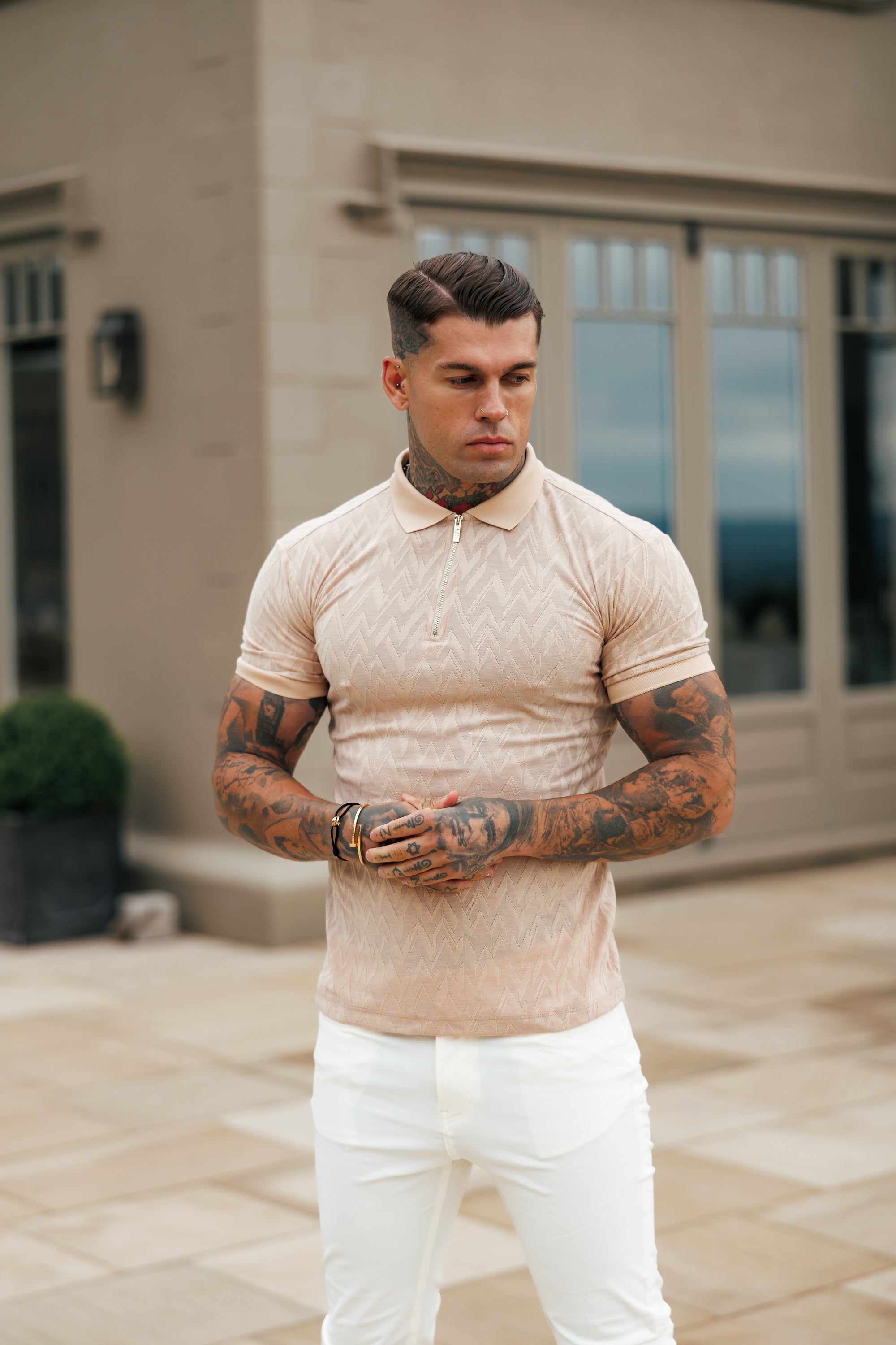Classic Jacquard Beige Chevron Zipped Polo - FSR023
