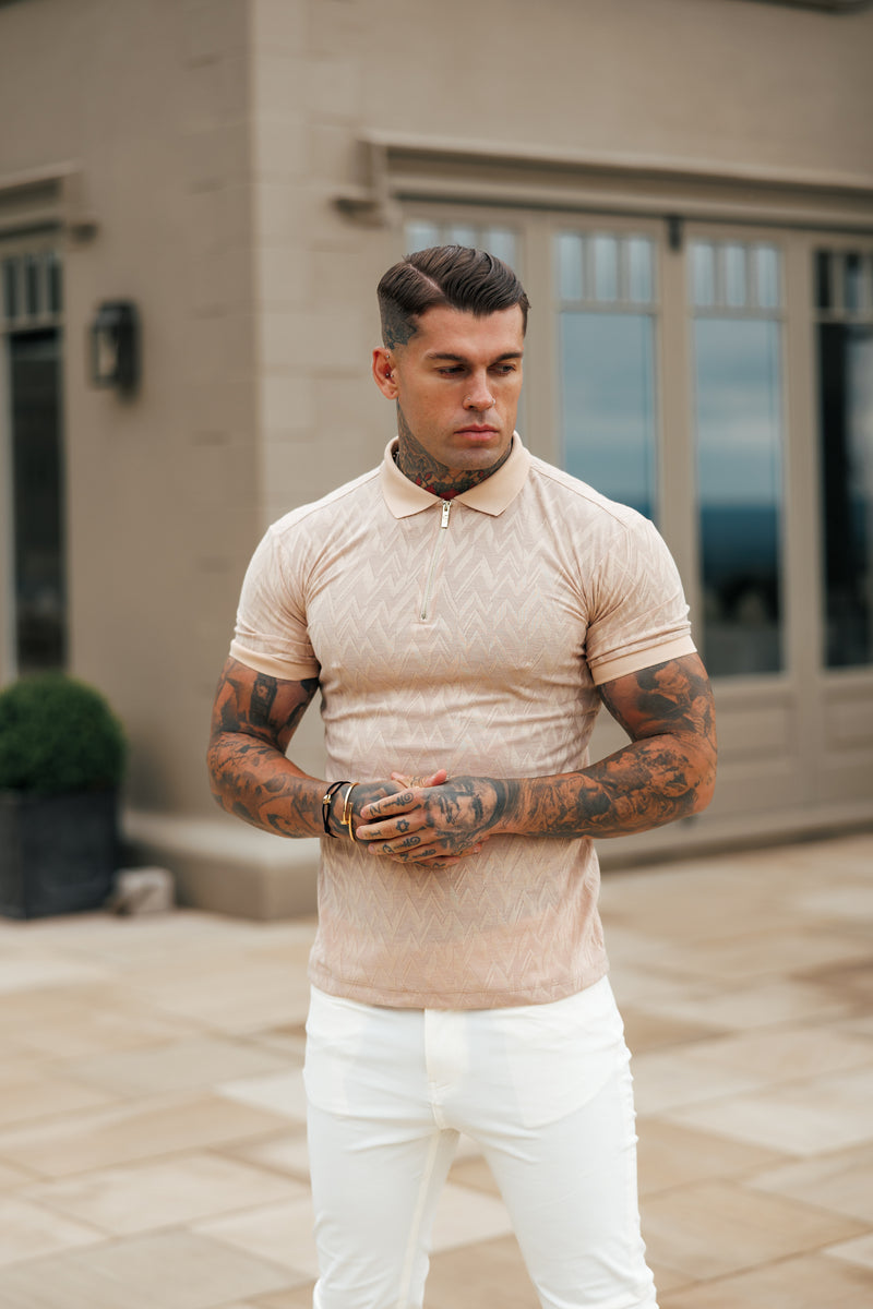 Father Sons Classic Jacquard Beige Chevron Zipped Polo - FSR023