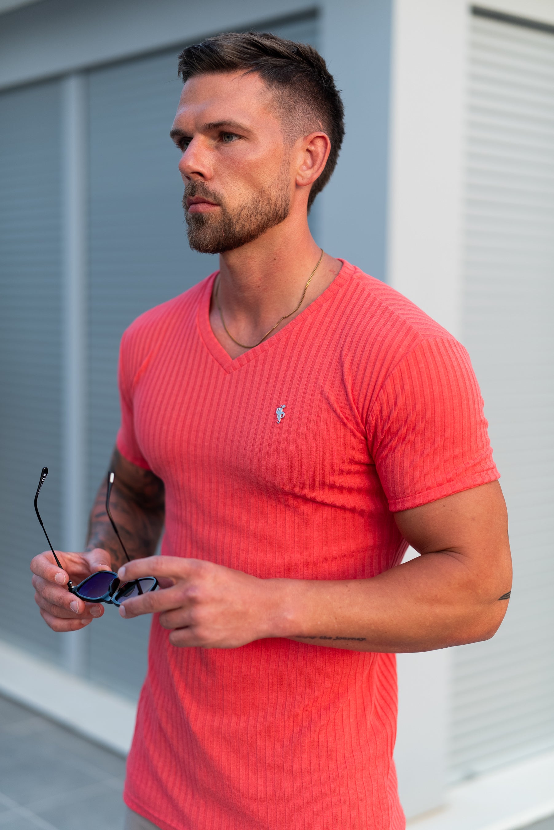 Super Slim Coral / Silver V Neck Ribbed Crew - FSH1365