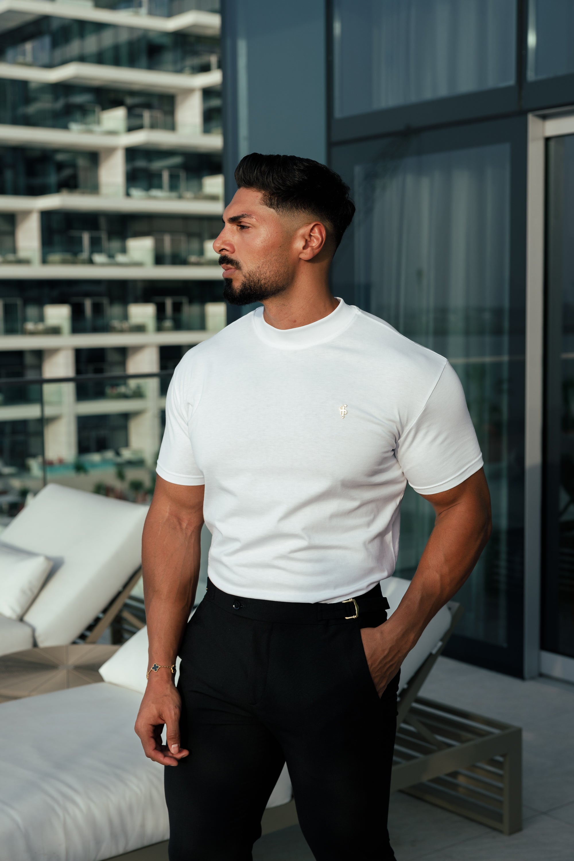 Ribbed High Neck Crew Short Sleeve White / Gold  - FSH1006