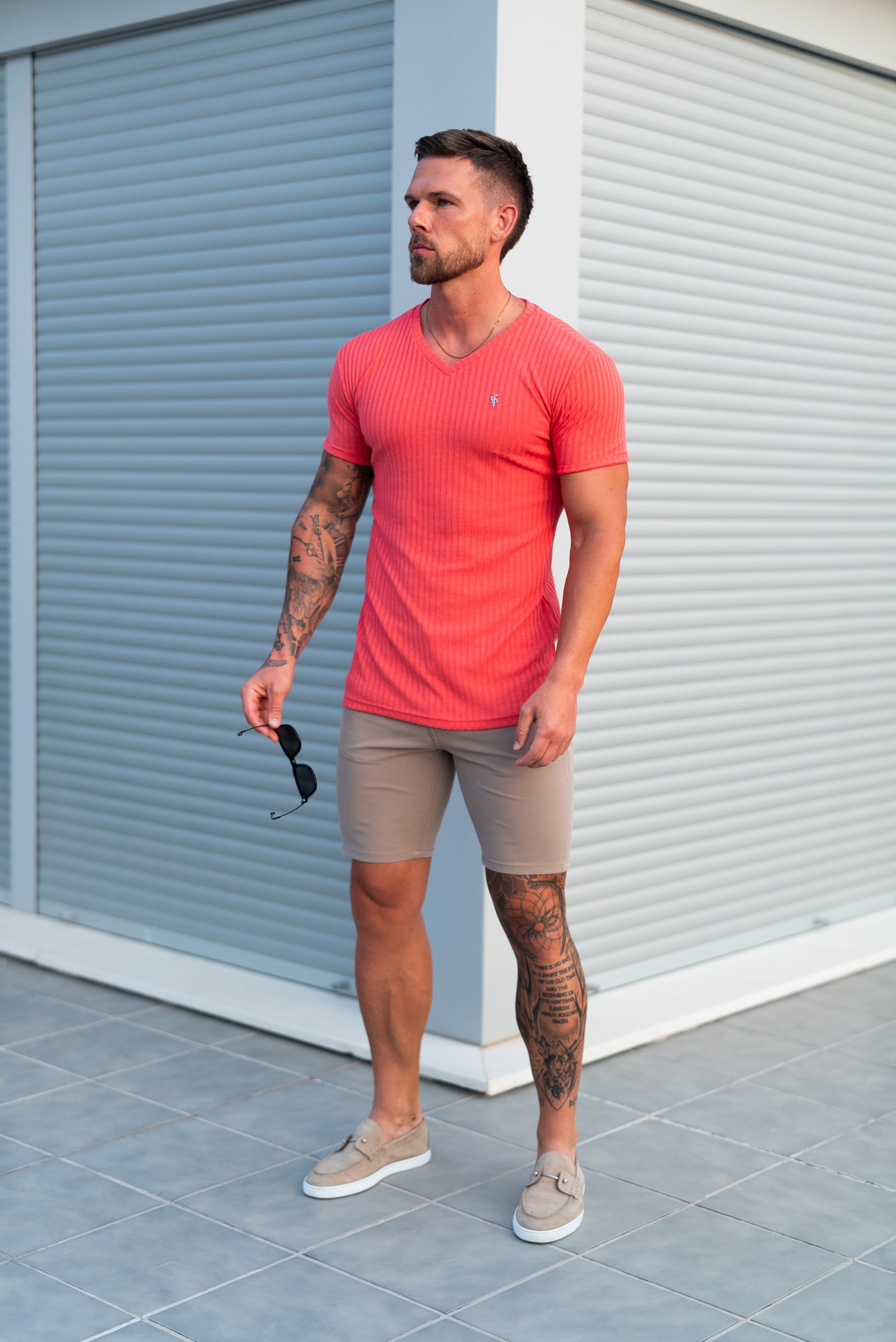 Super Slim Coral / Silver V Neck Ribbed Crew - FSH1365