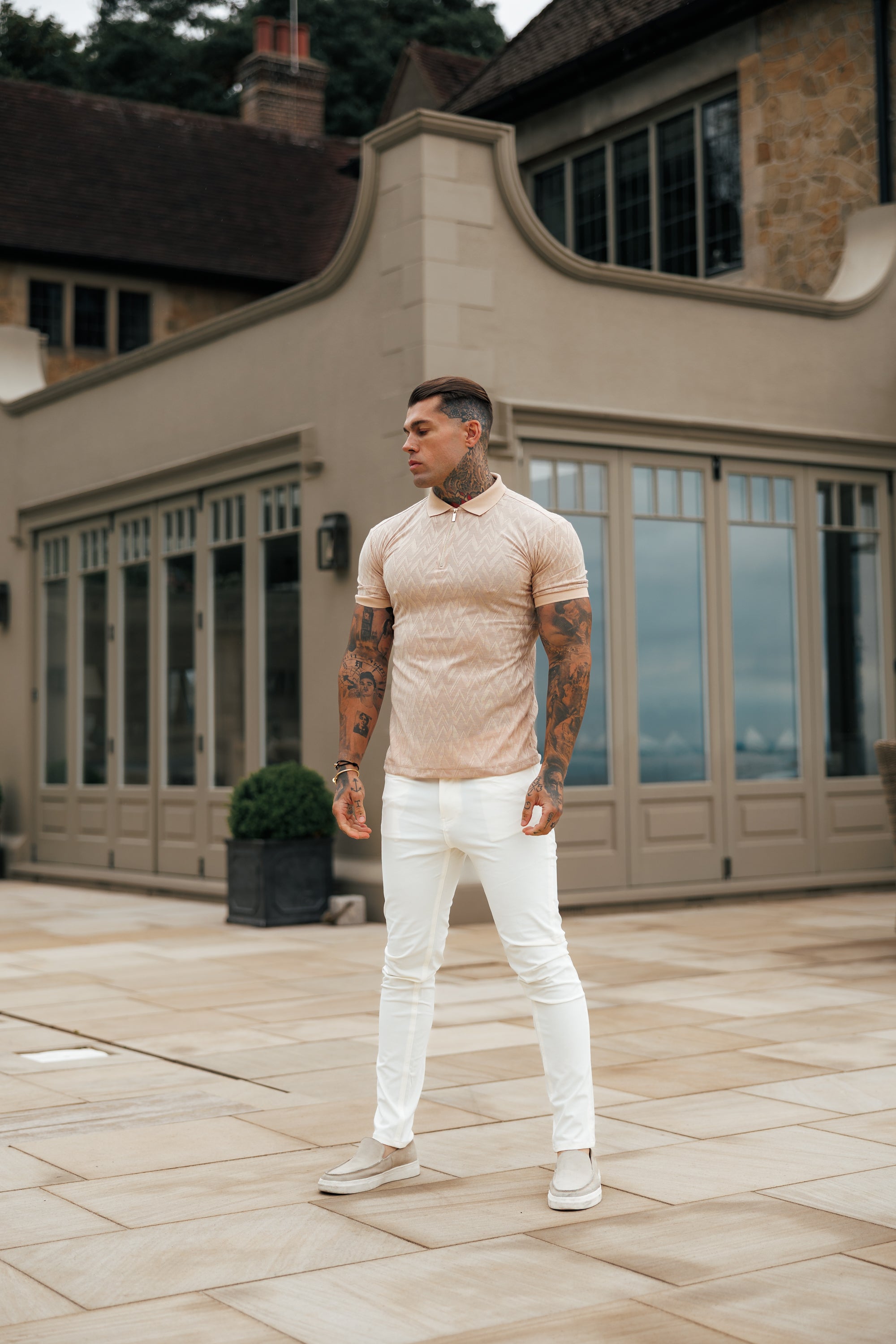 Classic Jacquard Beige Chevron Zipped Polo - FSR023