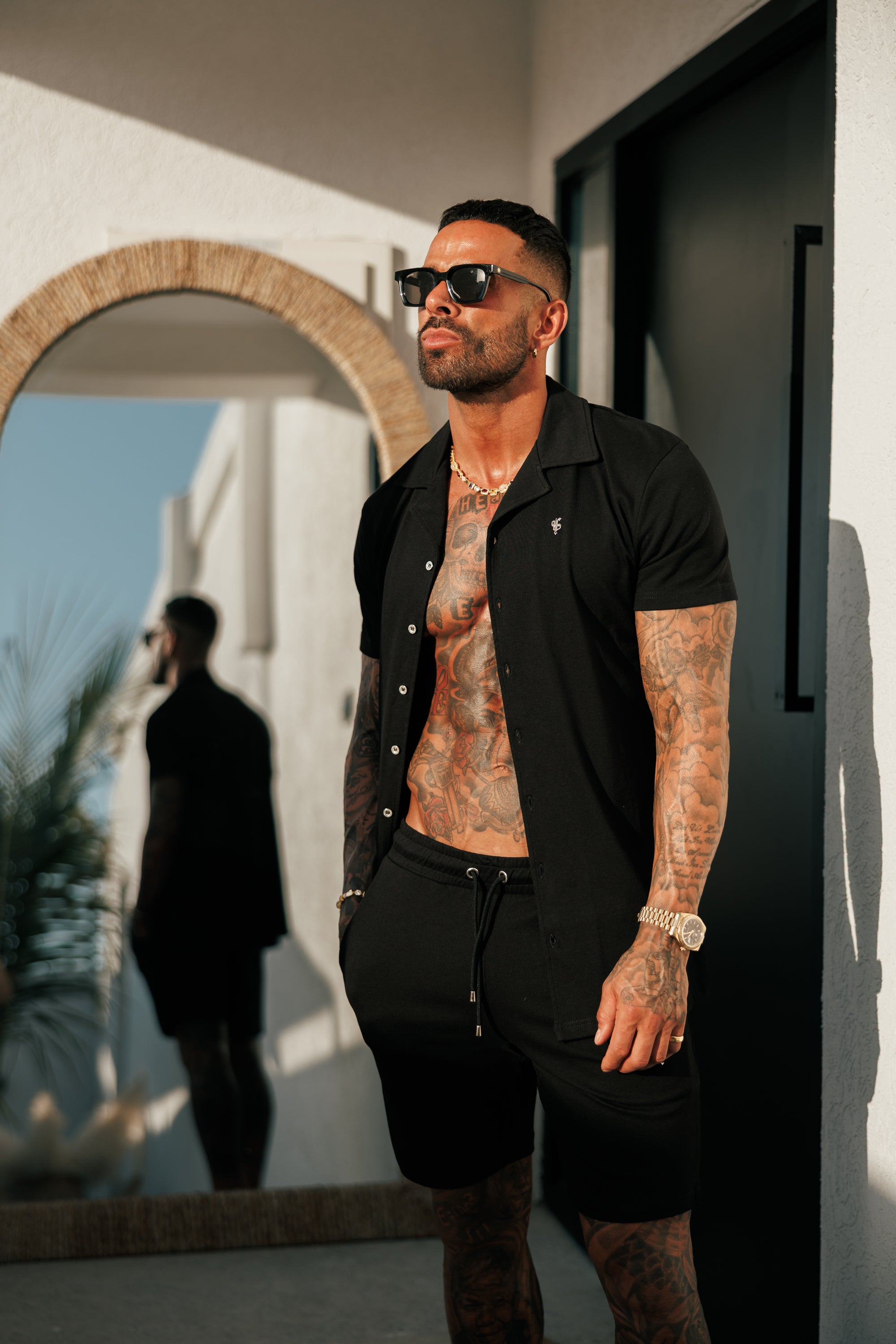 Stretch Black / Silver Pique Revere Shirt Short Sleeve - FSH1355