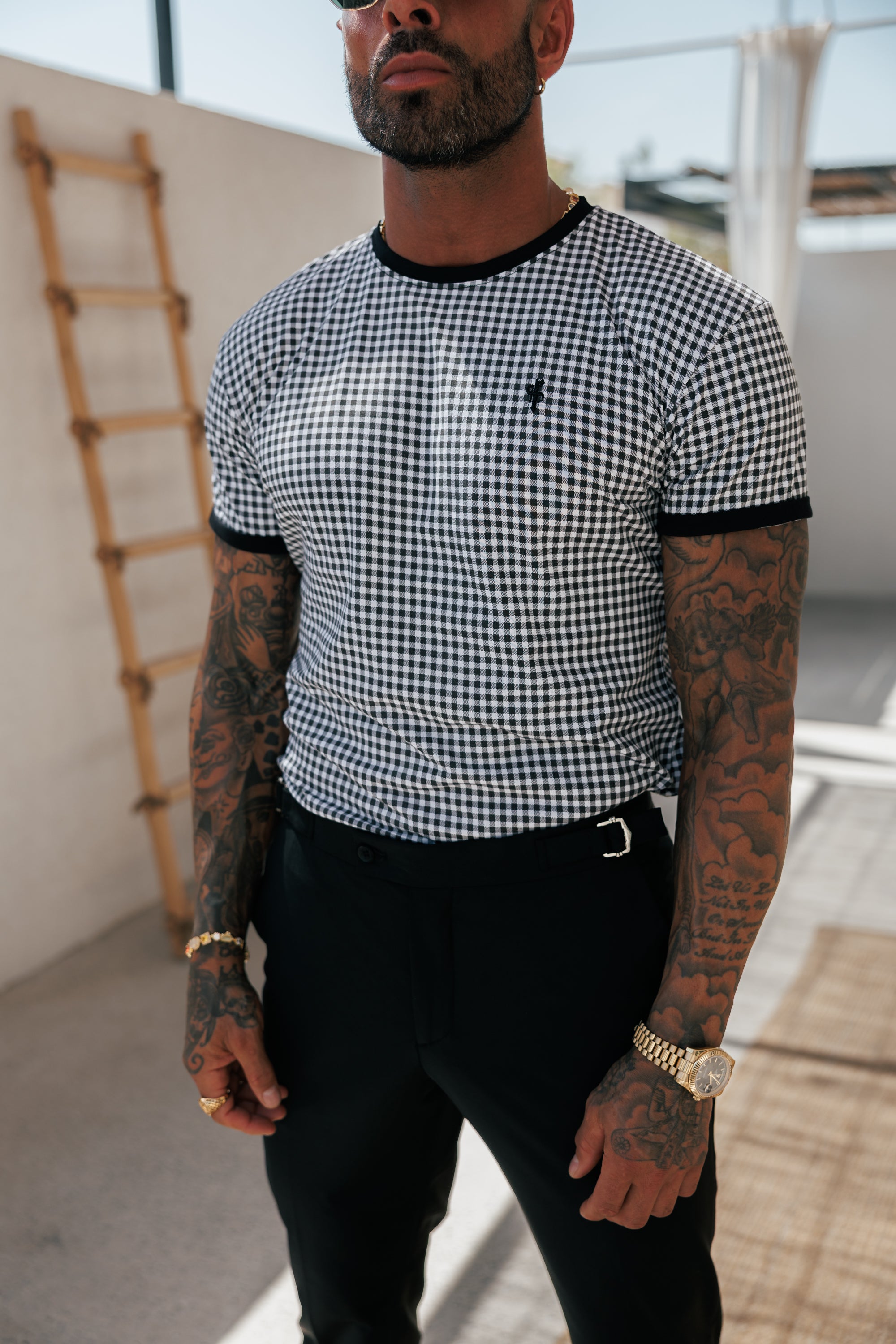 Printed Black / White Check Fitted T Shirt - FSH1238