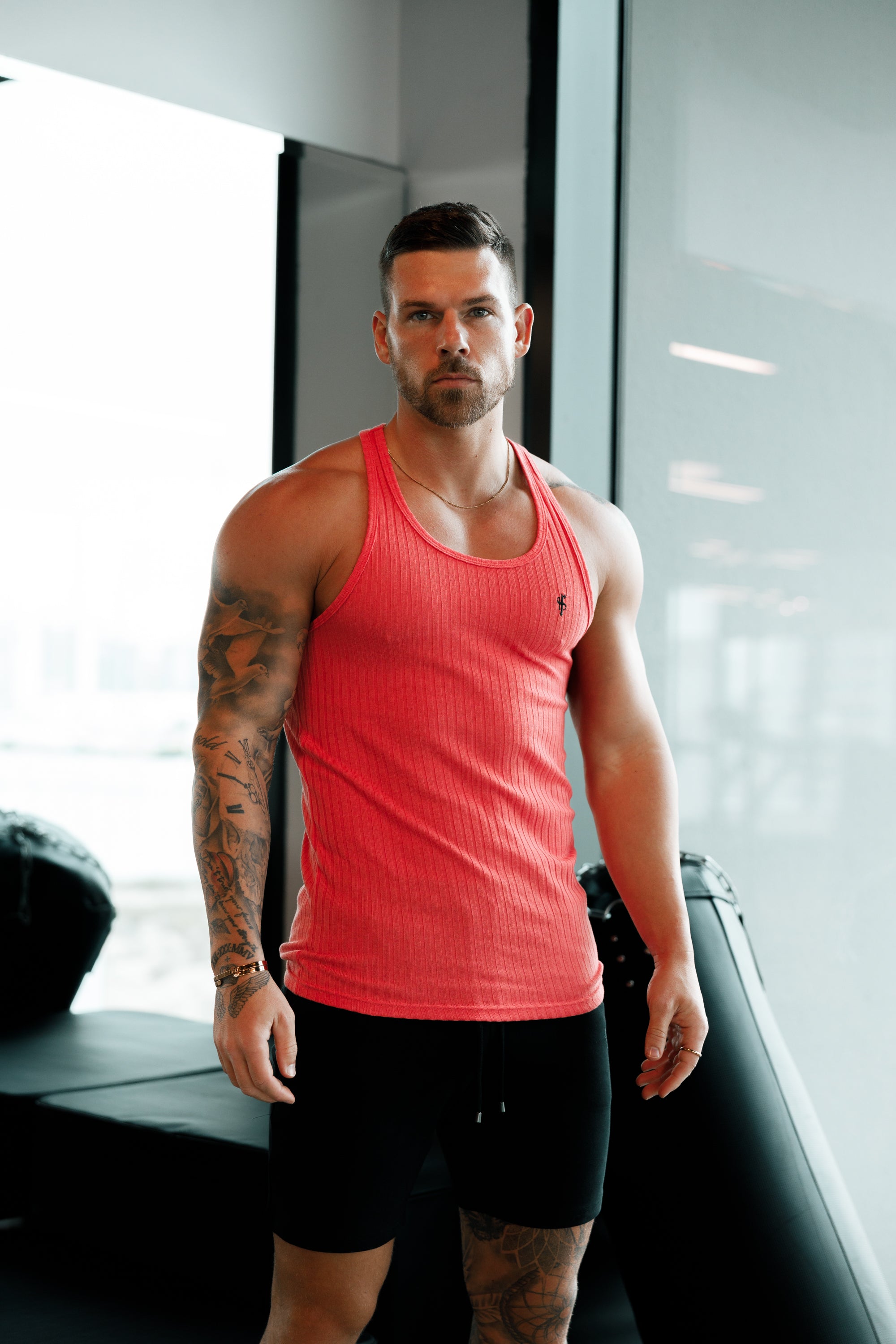 Classic Coral / Black Ribbed Knit Super Slim Vest - FSH1023