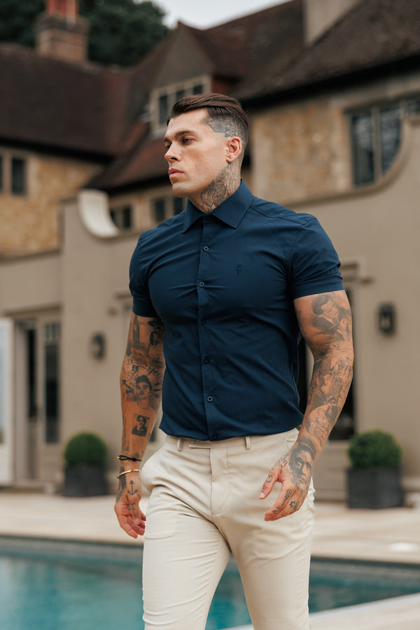 Father Sons Muscle Fit Advanced Stretch Navy Short Sleeve with Cutaway Collar - FS1163