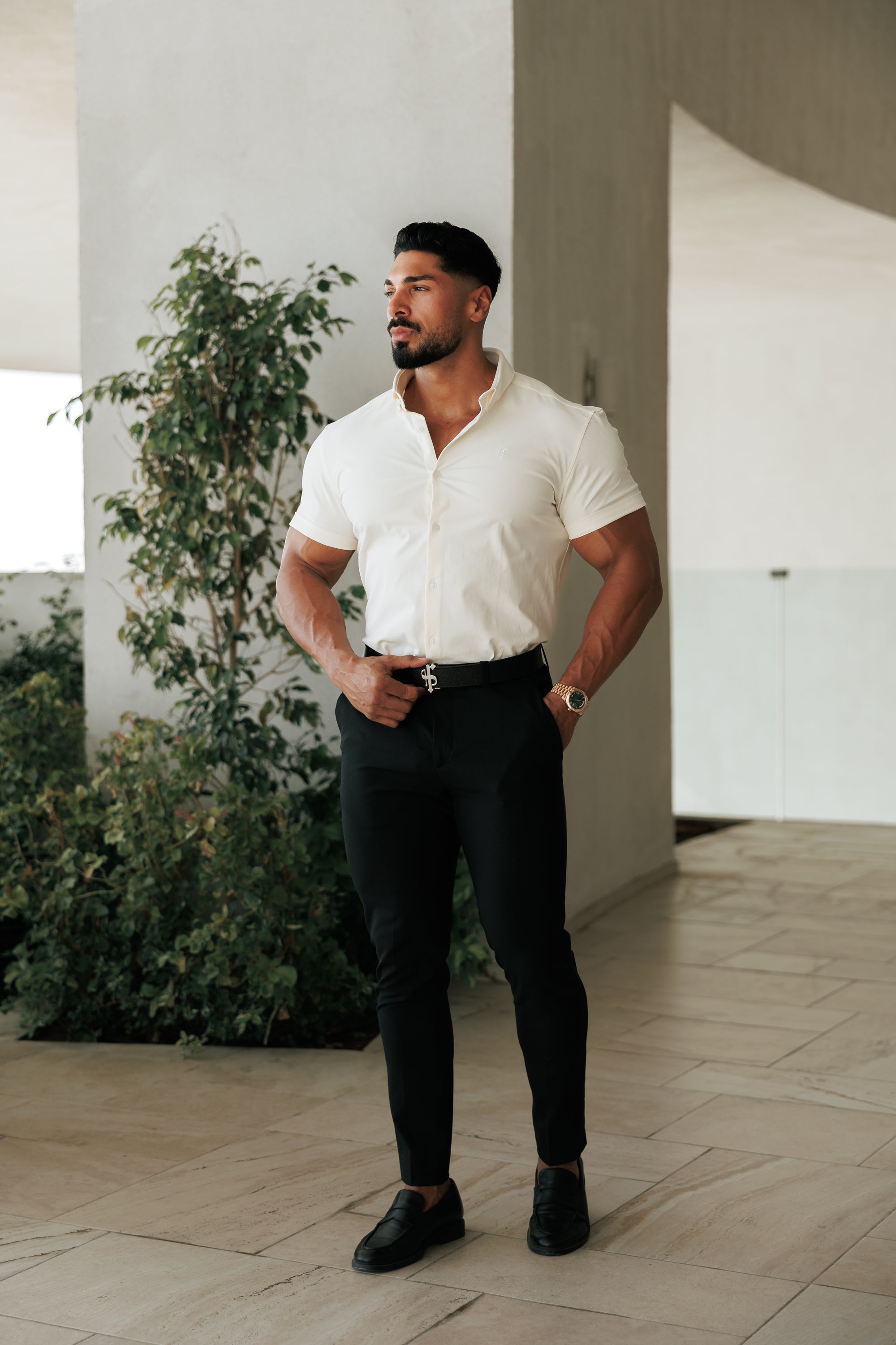Super Slim Cream SS With Button Down Collar Short Sleeve - FS1099