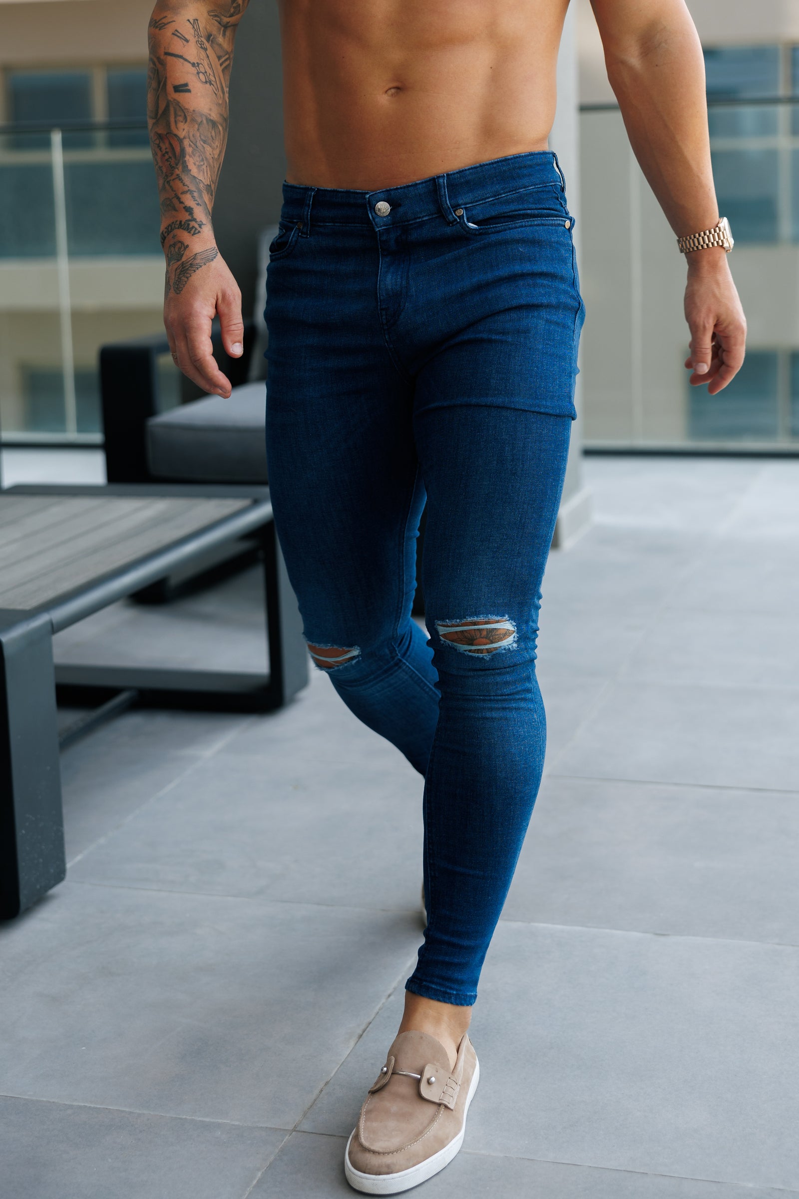 Father Sons Ultra Stretch Mid Blue Slim Jeans with Knee Rips