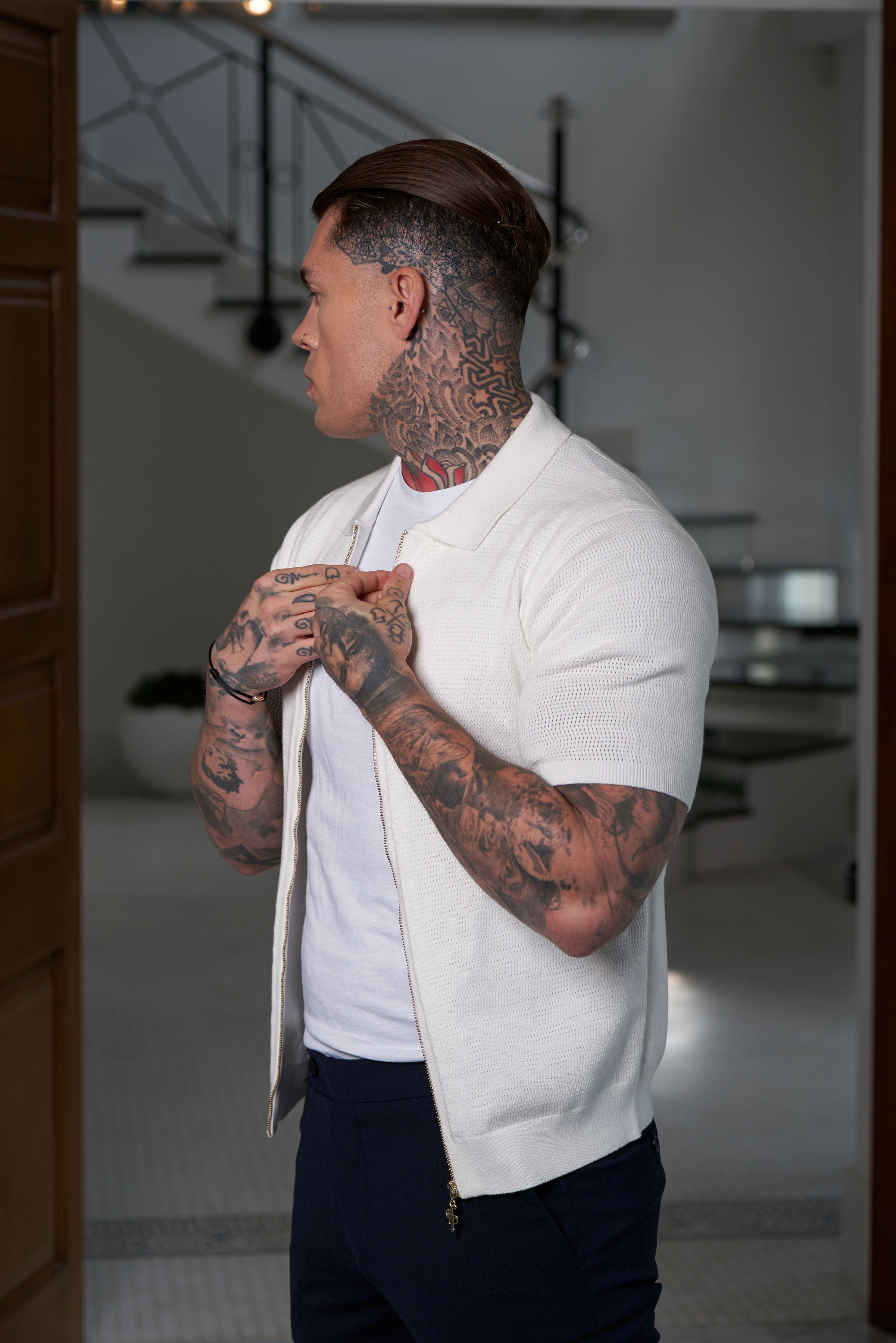 Classic Knitted Textured Design With Full Length Zip Off White Short Sleeve - FSN152