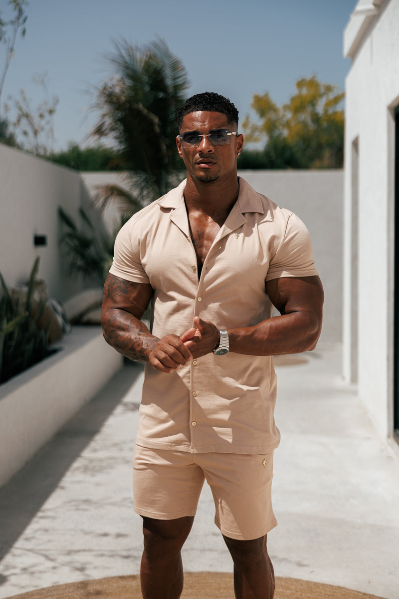 Father Sons Stretch Beige / Gold Pique Revere Shirt Short Sleeve - FSH1075