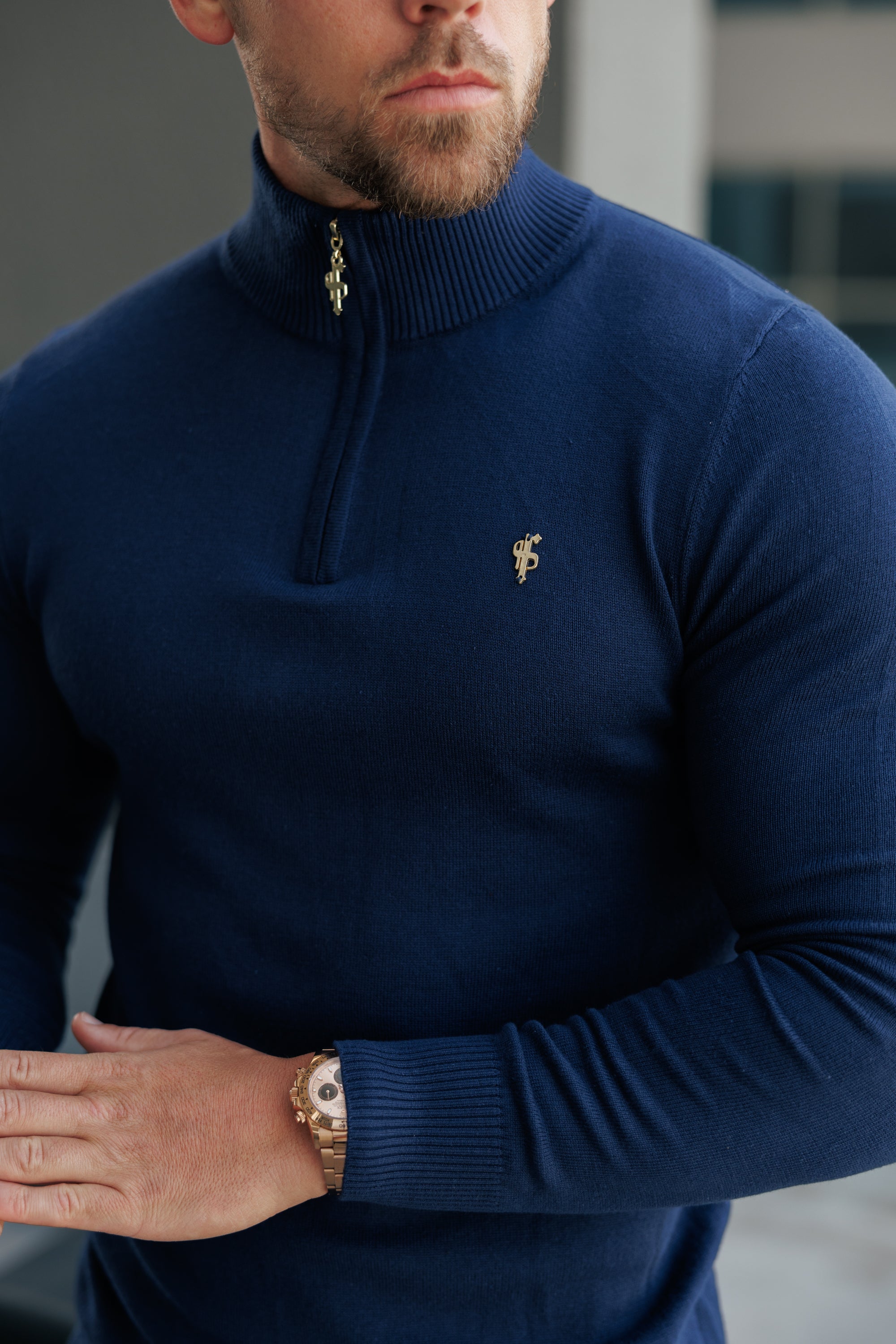 FS Navy Funnel Neck Knitted Jumper With FS Branding -  FSN191