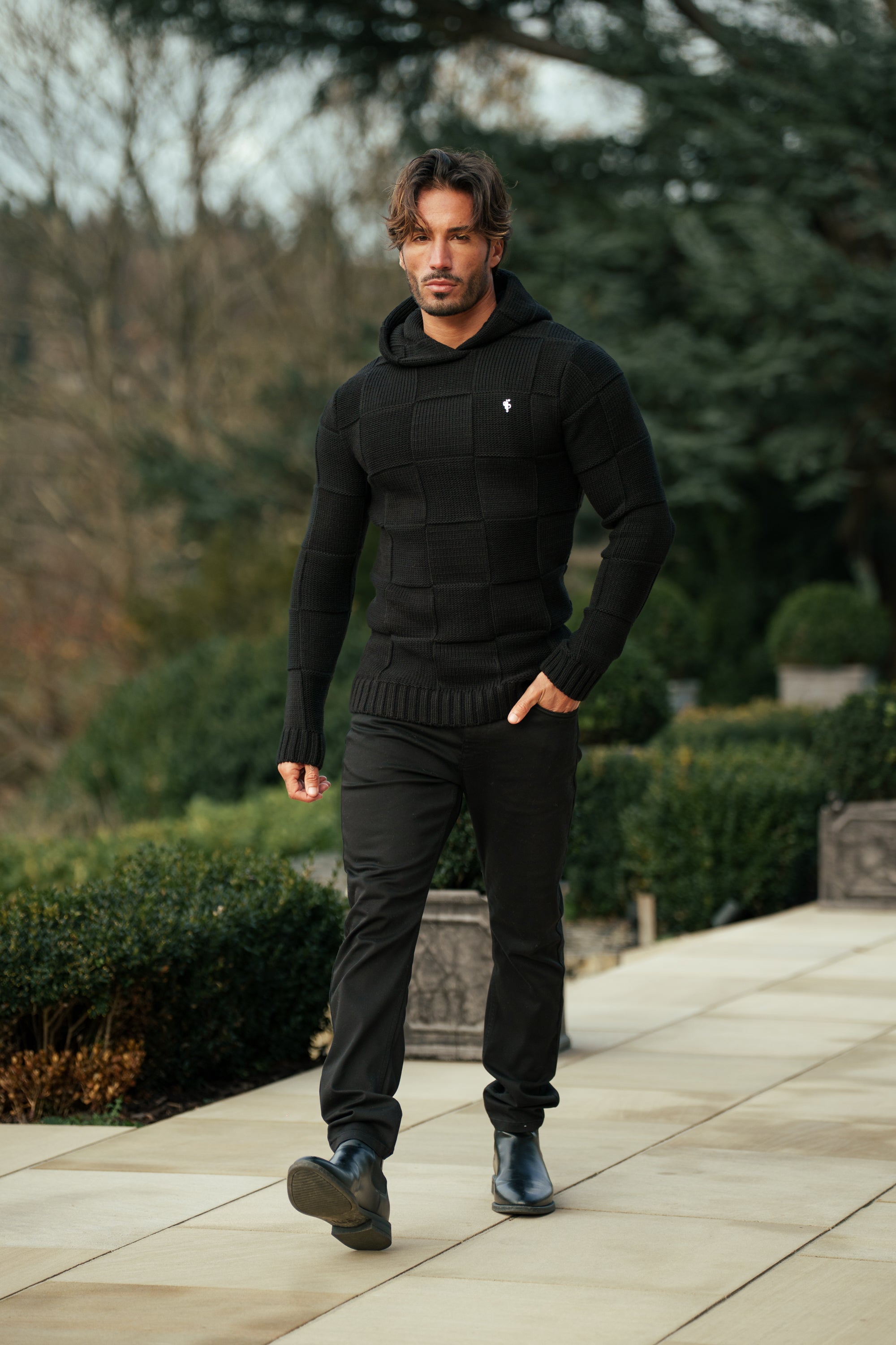 Black Checkerboard Knitted Hoodie - FSJ135