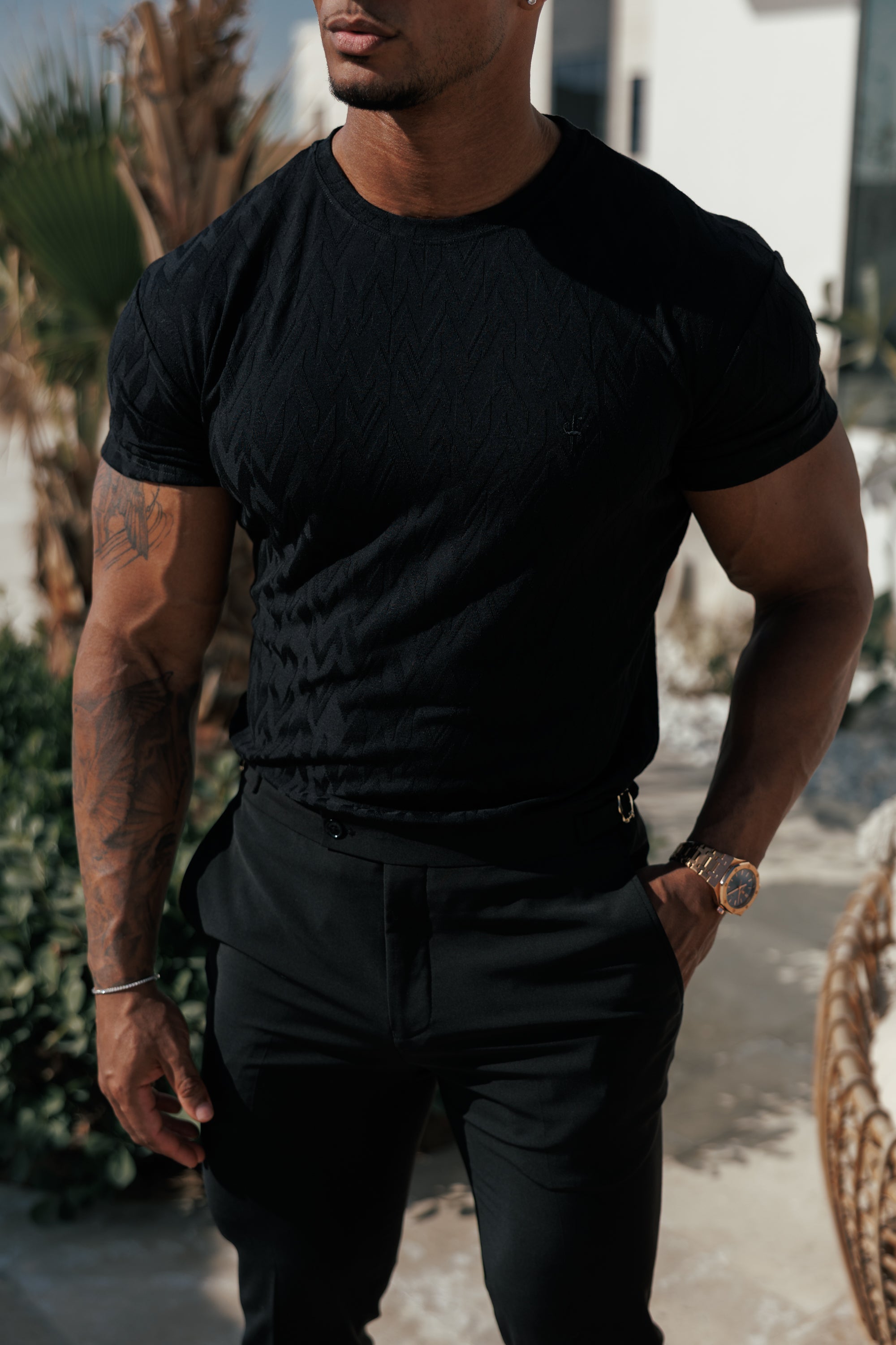 Regular Fit Jacquard Black Chevron T-Shirt - FSR046