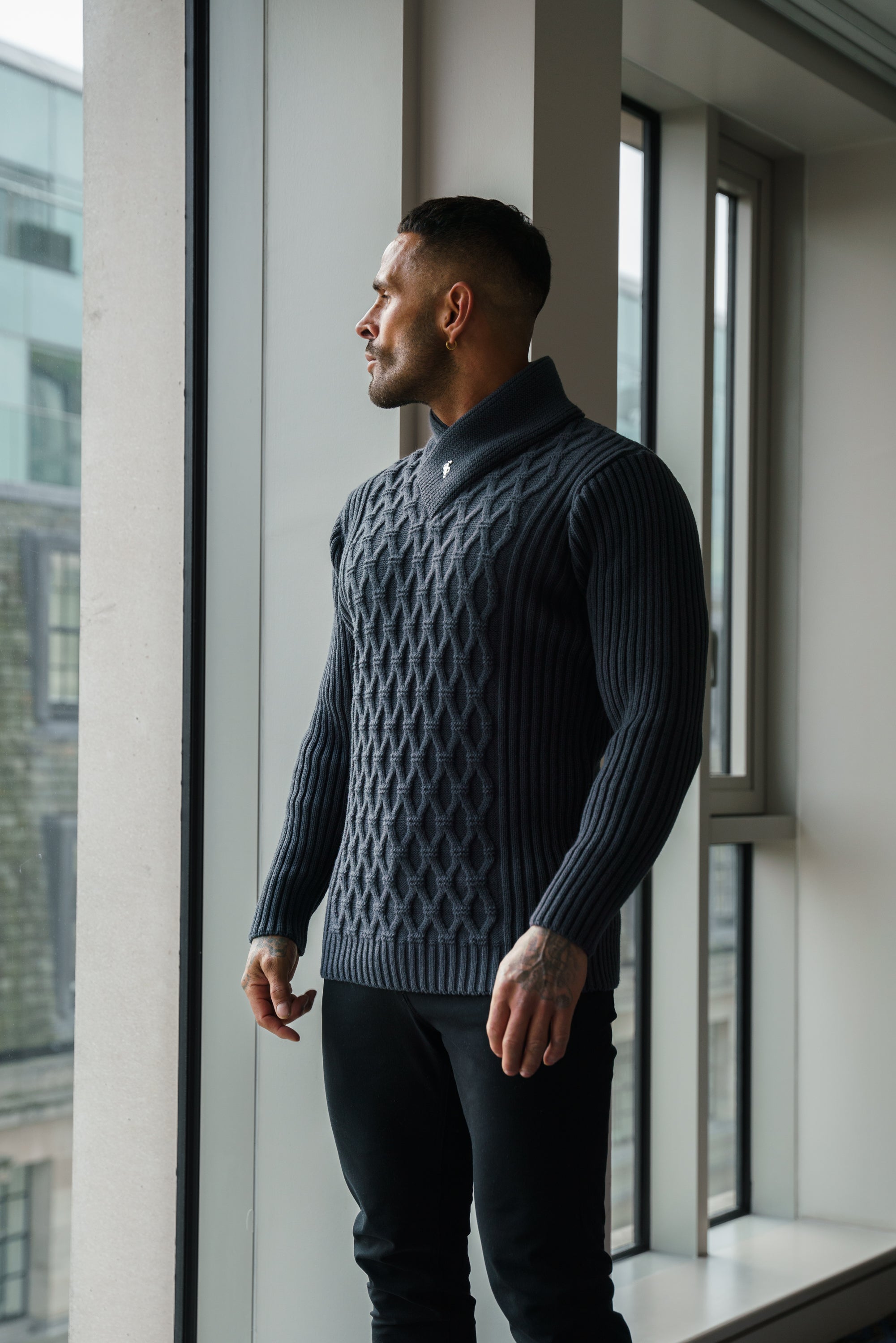 Father Sons Chunky Cable Knit Gun Powder / Charcoal Sweater - FSJ065