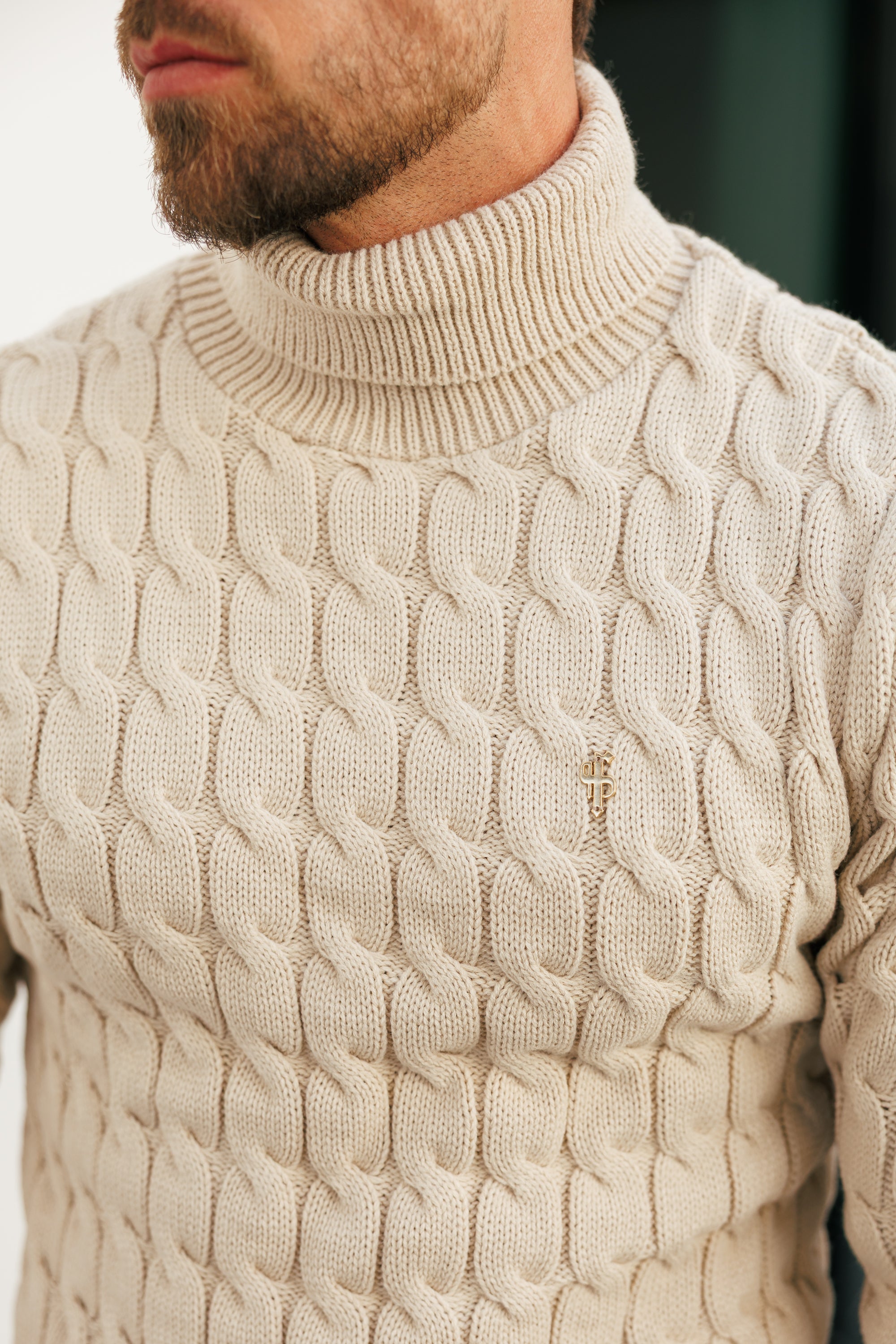 Link Weave Knit Beige Roll Neck Jumper - FSJ100