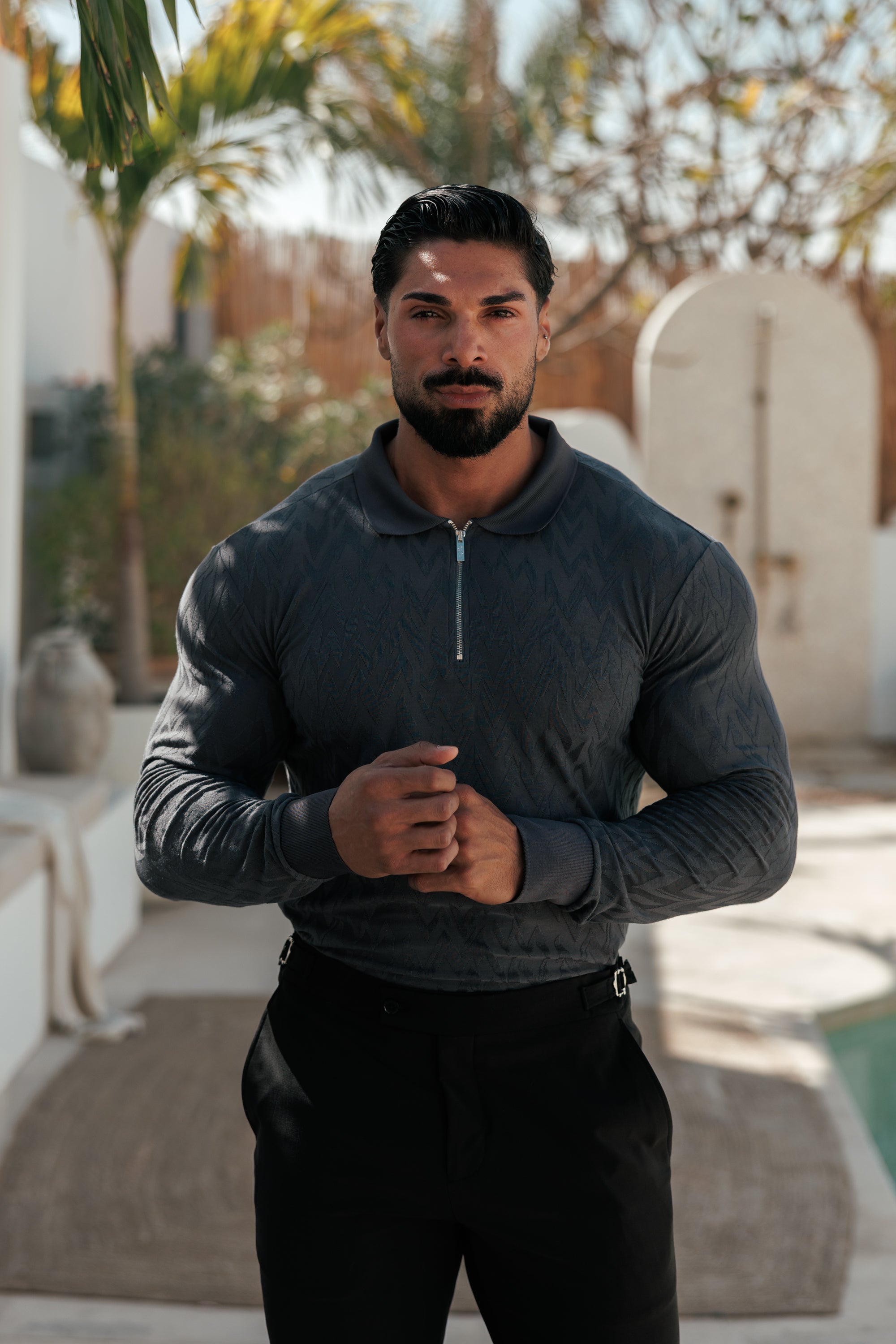 Classic Jacquard Charcoal Chevron Zipped Polo Long Sleeve - FSR044