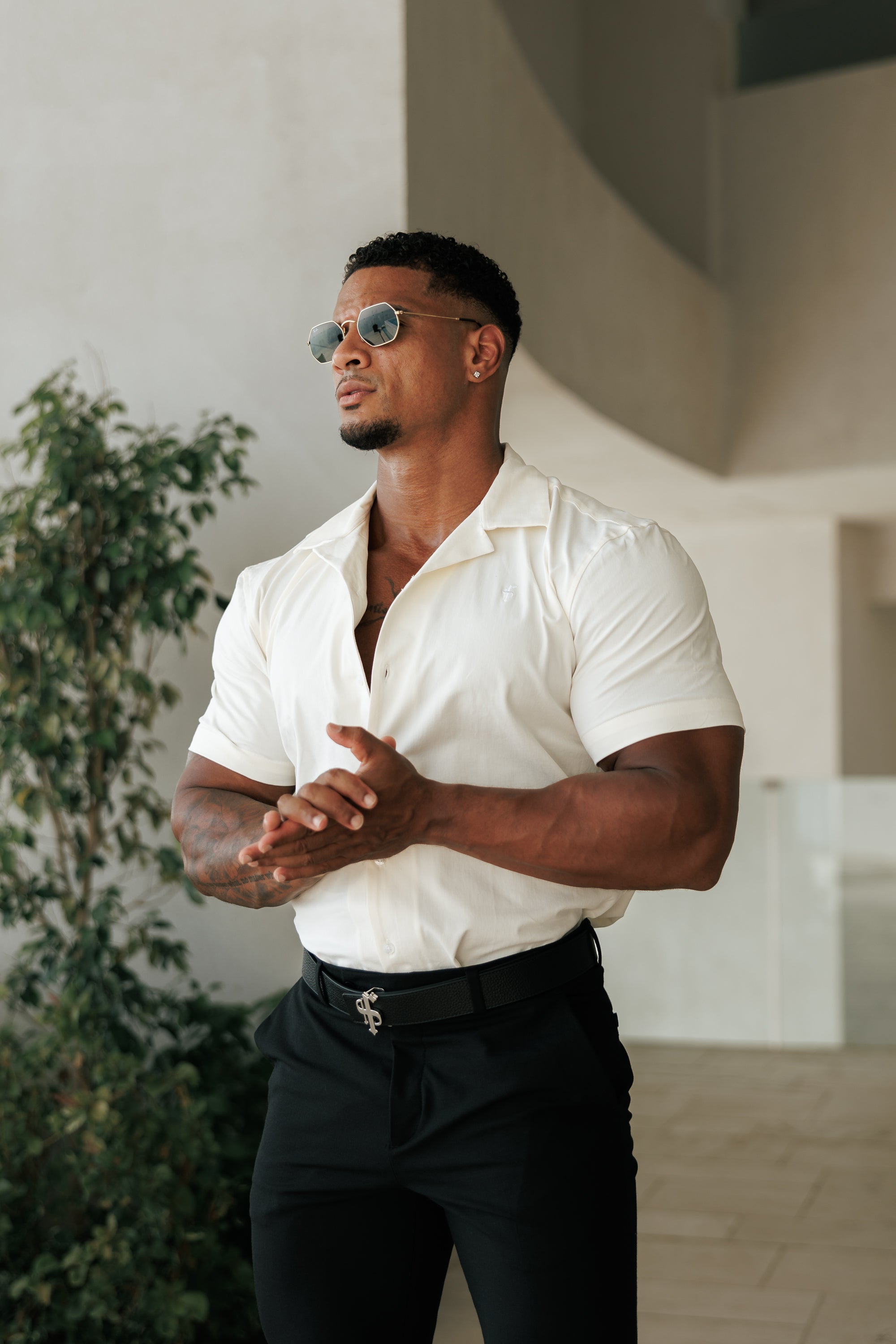 Hawaiian Boxy Stretch Cream Short Sleeve with Revere Collar - FS1094