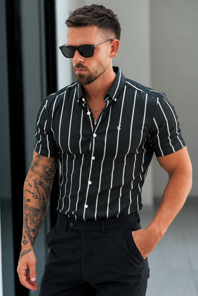 Super Slim Stretch Charcoal / White Printed Wide Stripe Short Sleeve with Button Down Collar - FS1227  (PRE ORDER 20TH OCTOBER)