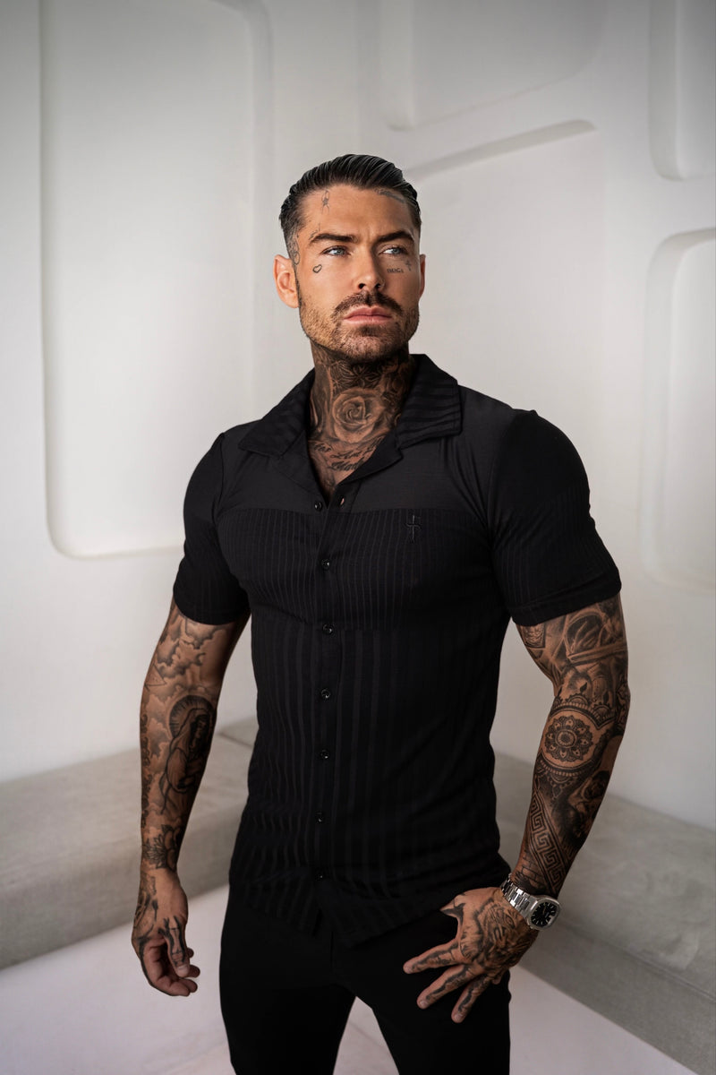 Father Sons Jersey Revere Vertical Stripe Black Shirt Short Sleeve - FSR024