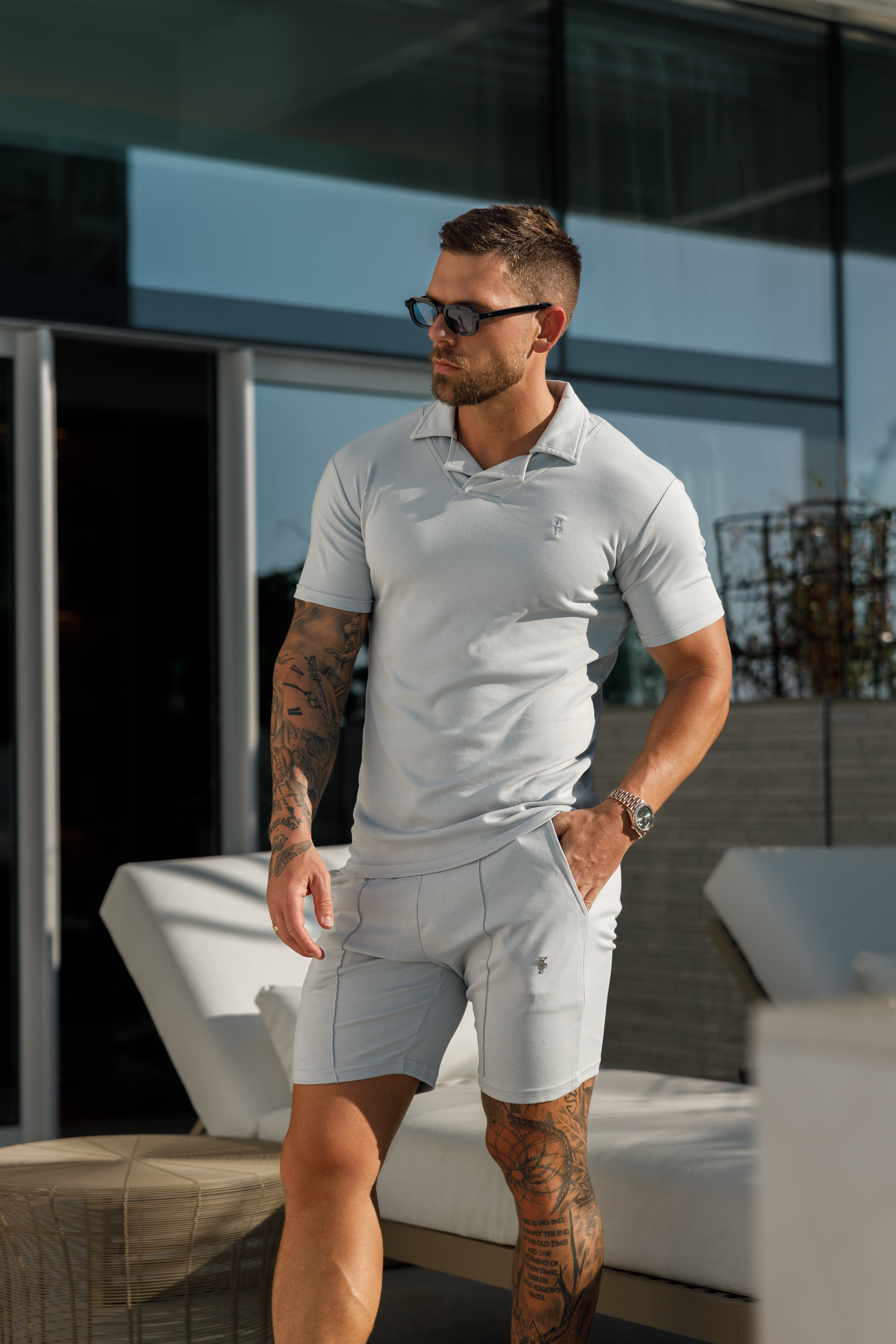Classic Light Grey Polo Shirt With Revere Collar - FSH1063