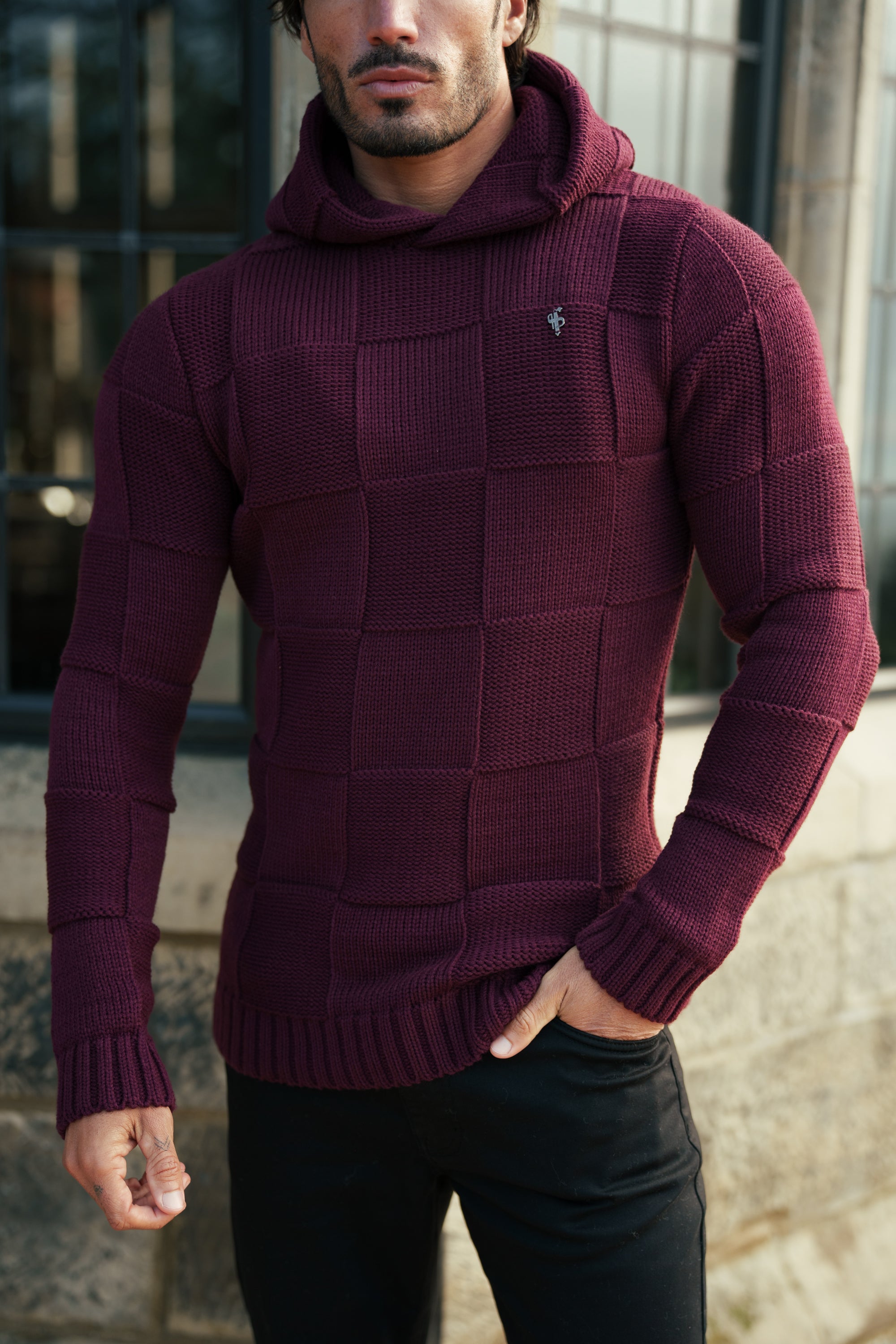 Wine Checkerboard Knitted Hoodie - FSJ139