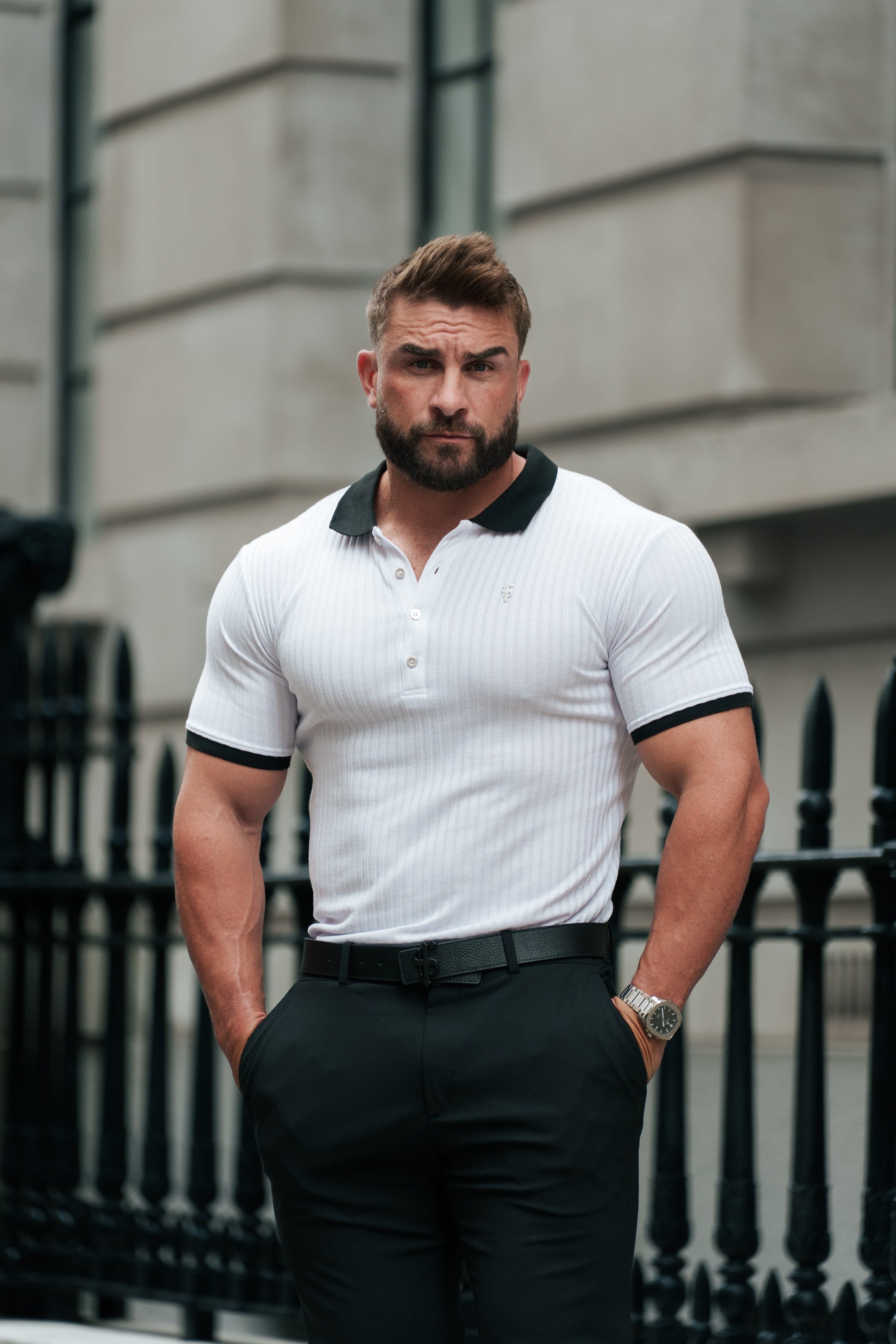 White Ribbed Polo Shirt Short Sleeve - FSH1370P