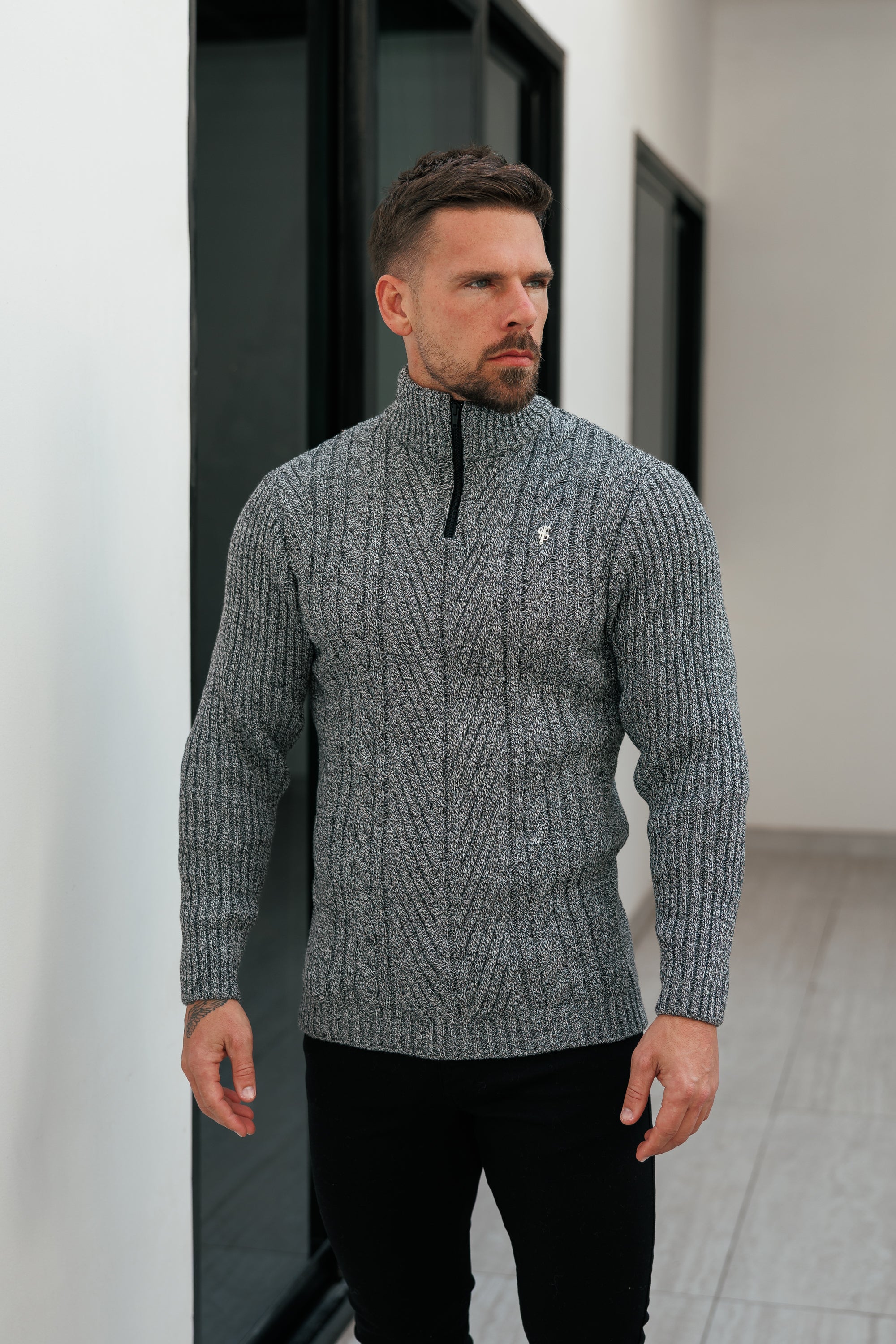 Funnel Neck Jumper with Quarter Zip Black / White Two Tone - FSJ154