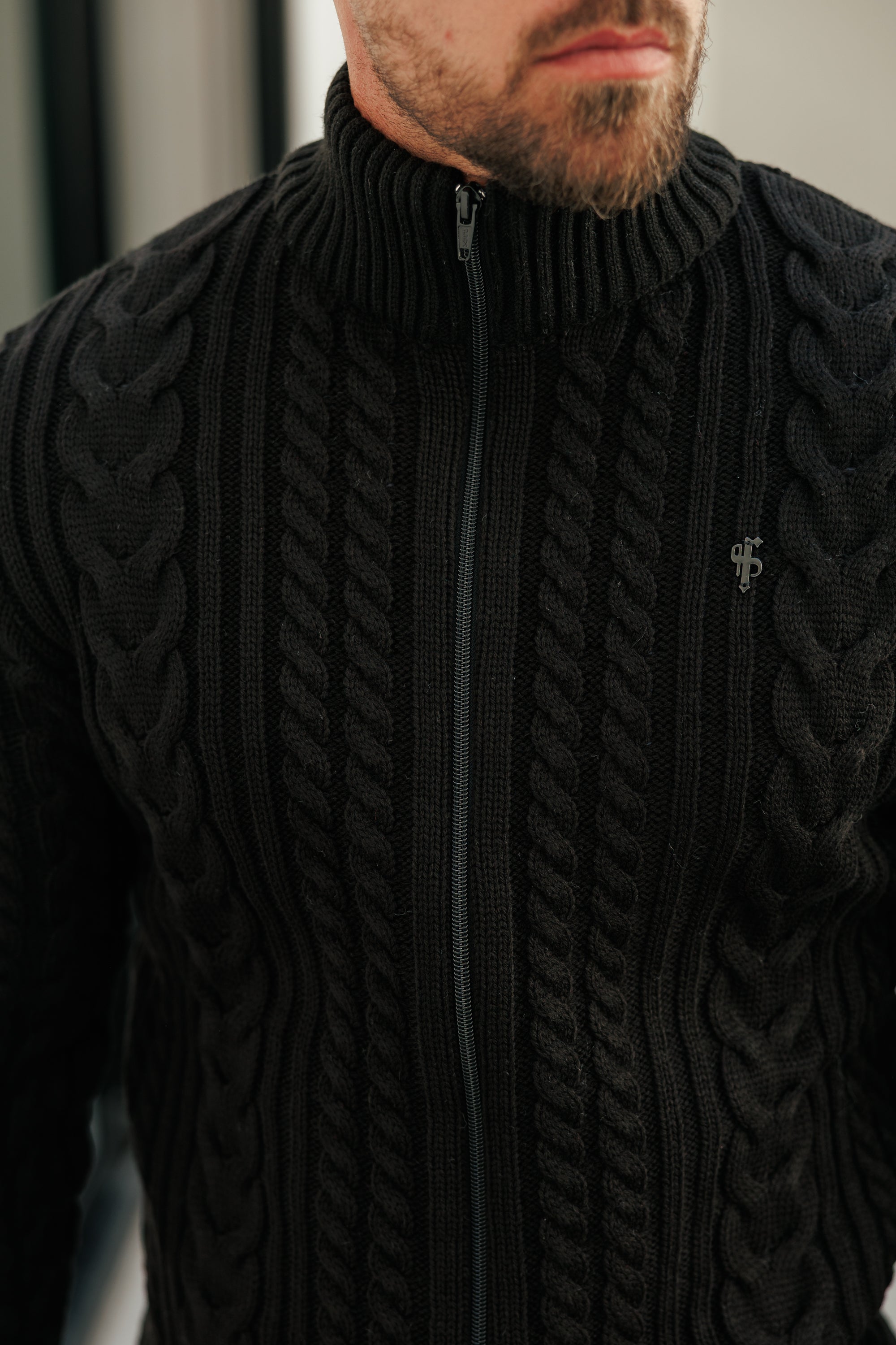Funnel Neck Full Zip Cardigan Black -  FSJ144