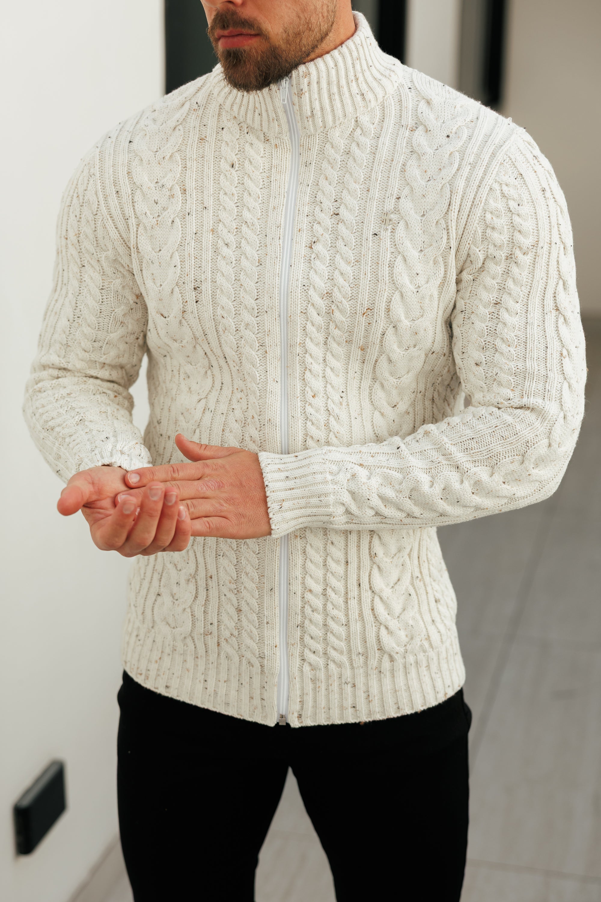 Chunky Zipped Cardigan Beige Fleck -  FSJ148