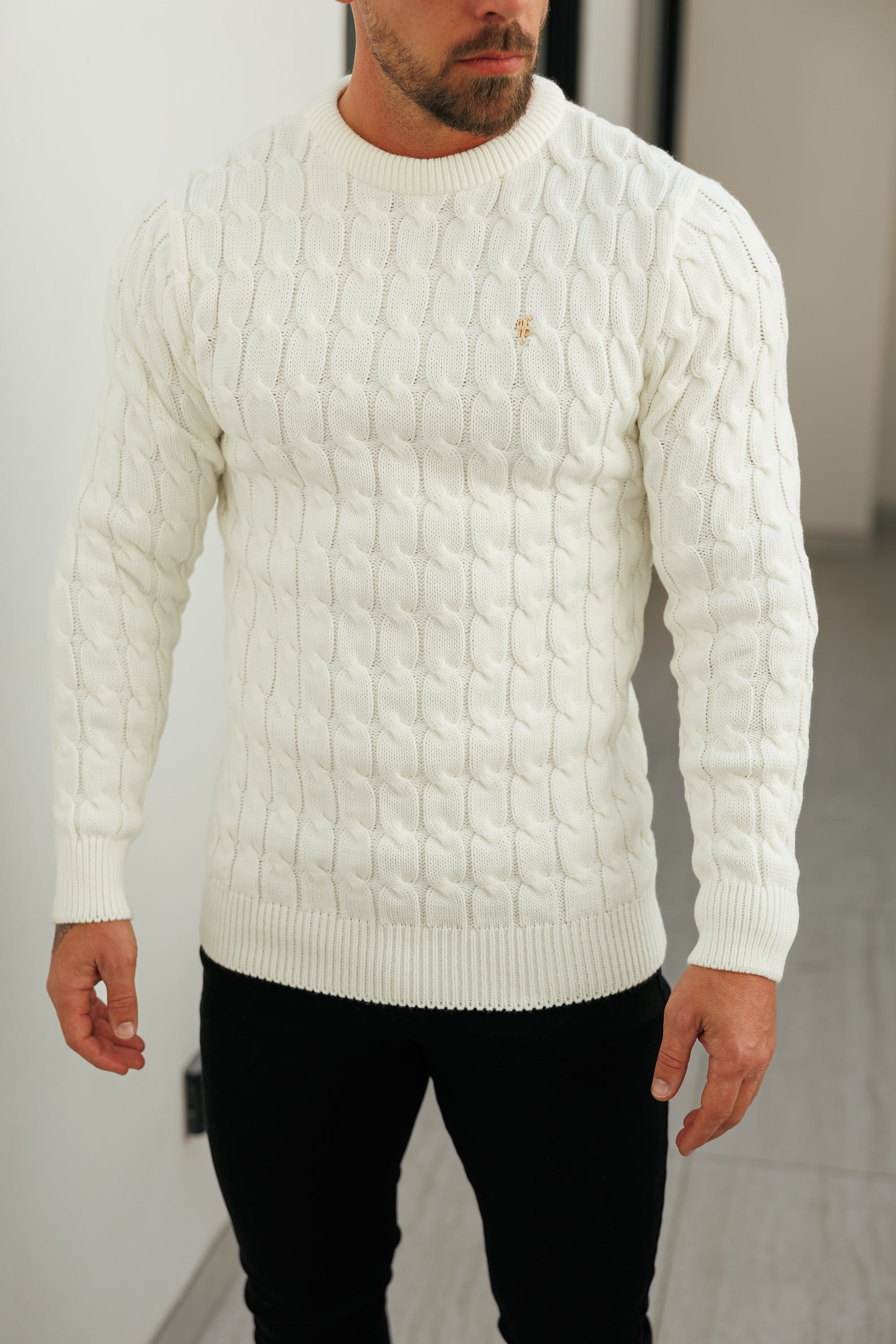 Link Weave Knit Cream Crew Neck Jumper - FSJ126
