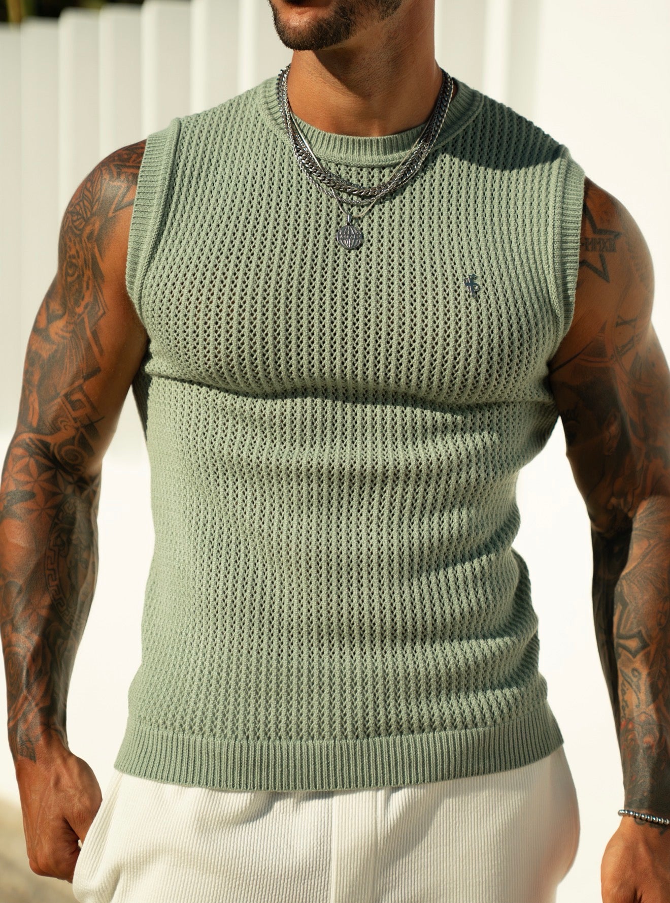 Sage / Silver Viscose Crochet Knitted Vest - FSJ167