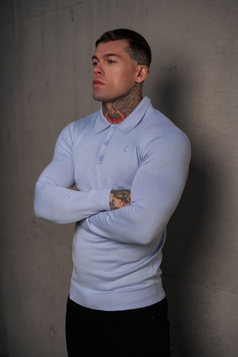 Father Sons Classic Pale Blue Knitted Polo Sweater Long Sleeve With Tonal FS Embroidery- FSN142