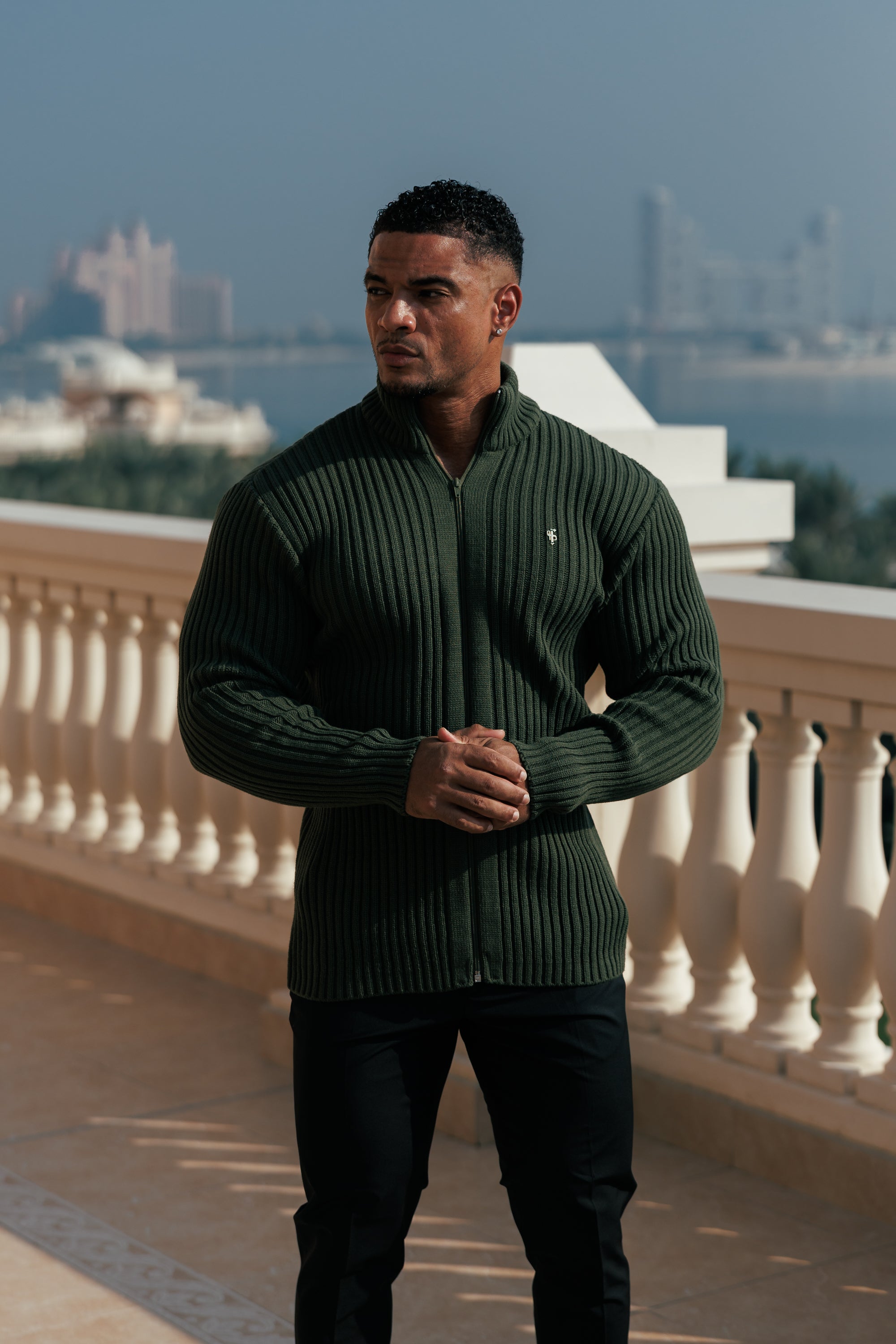 Chunky Olive Ribbed Zipped Cardigan with Gold Emblem- FSJ095