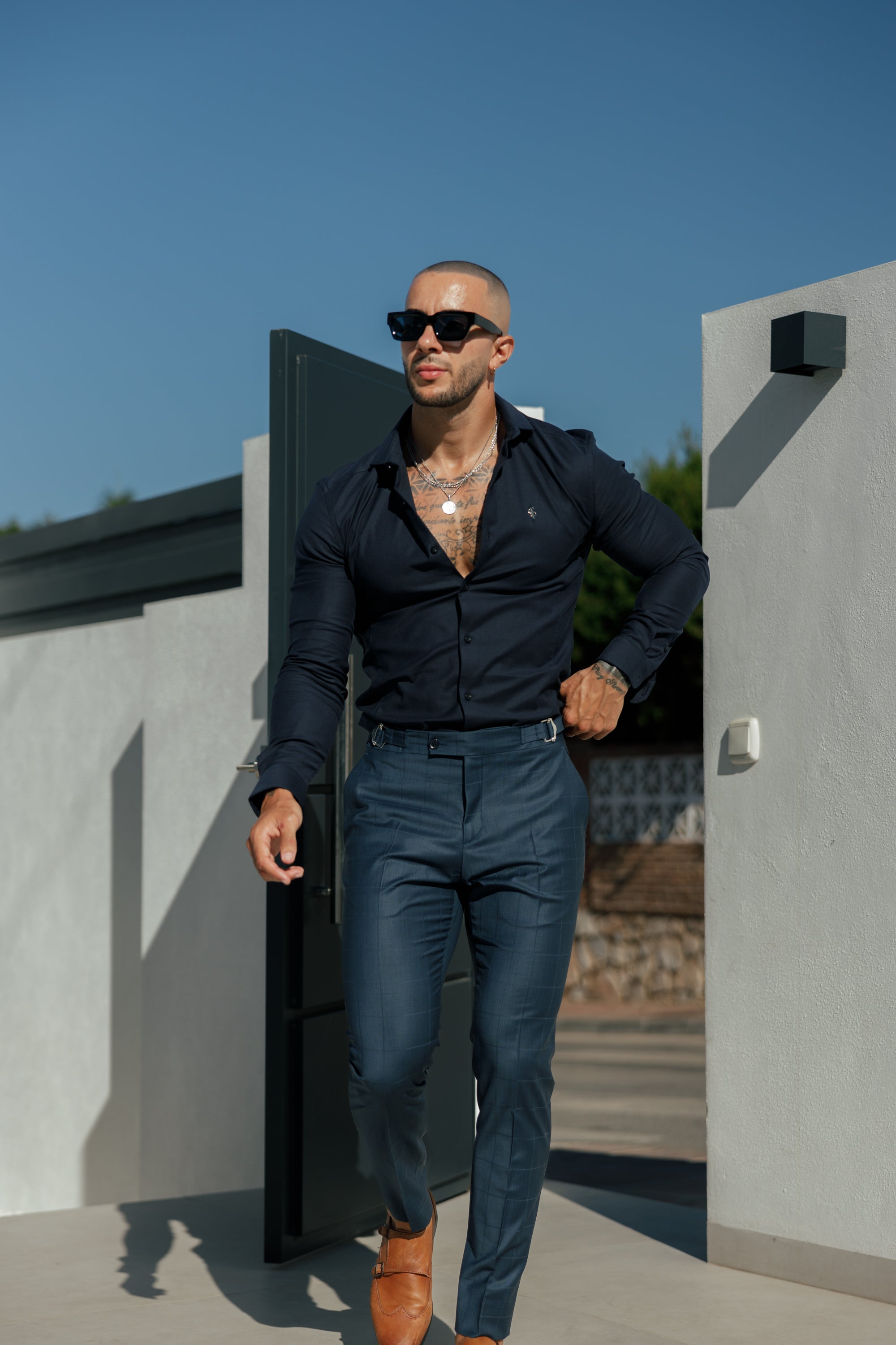 Father Sons Slim Formal Navy Self Check Stretch Pants with Side Adjusters - FST030