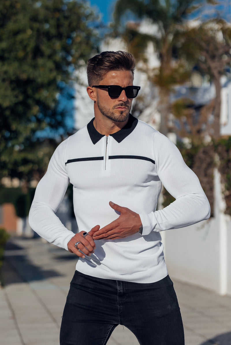 Father Sons Classic White / Black Horizontal Stripe Zipped Polo Long Sleeve - FSN050