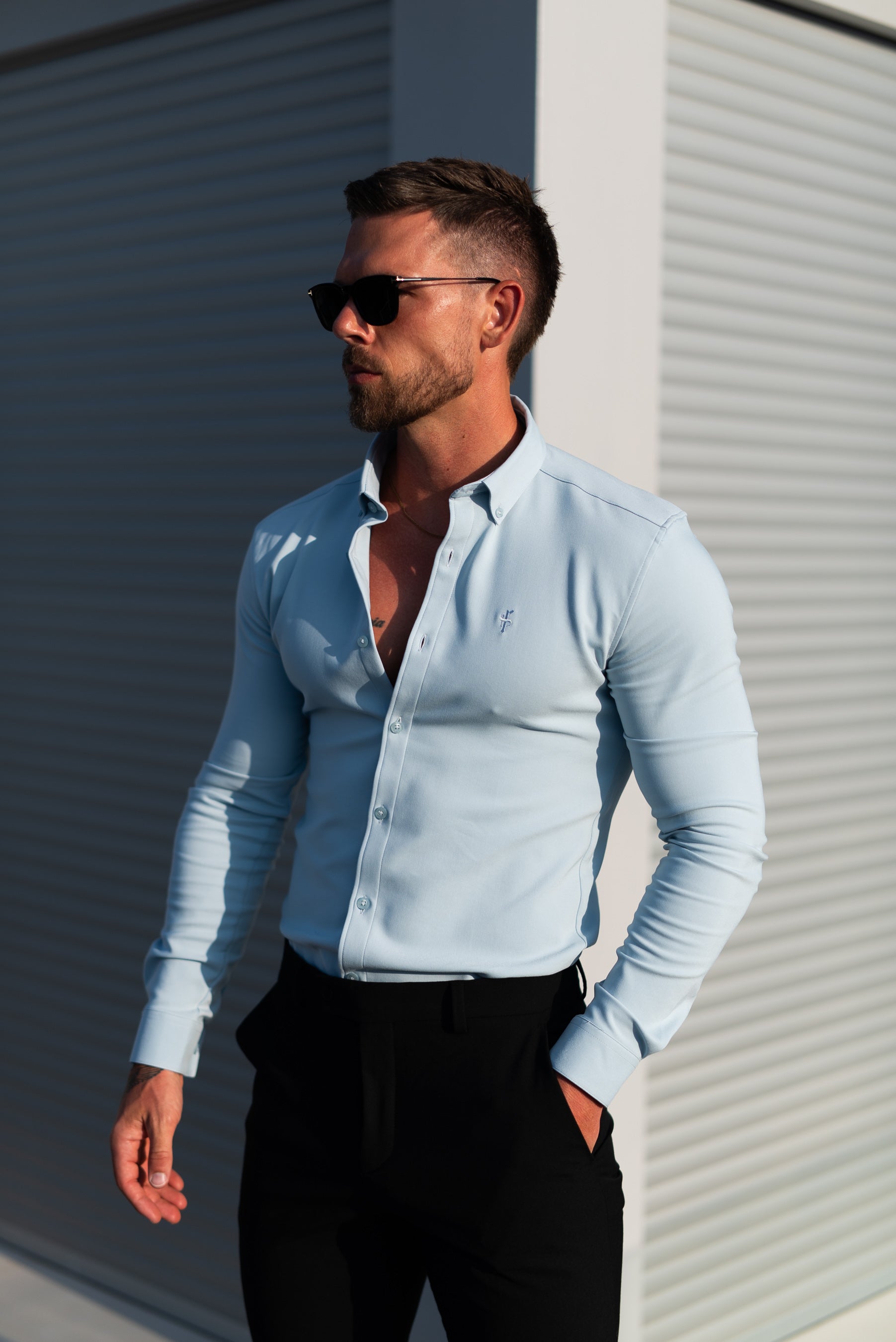 Super Slim LS Powder Blue Scuba with Button Down Collar - FS1120