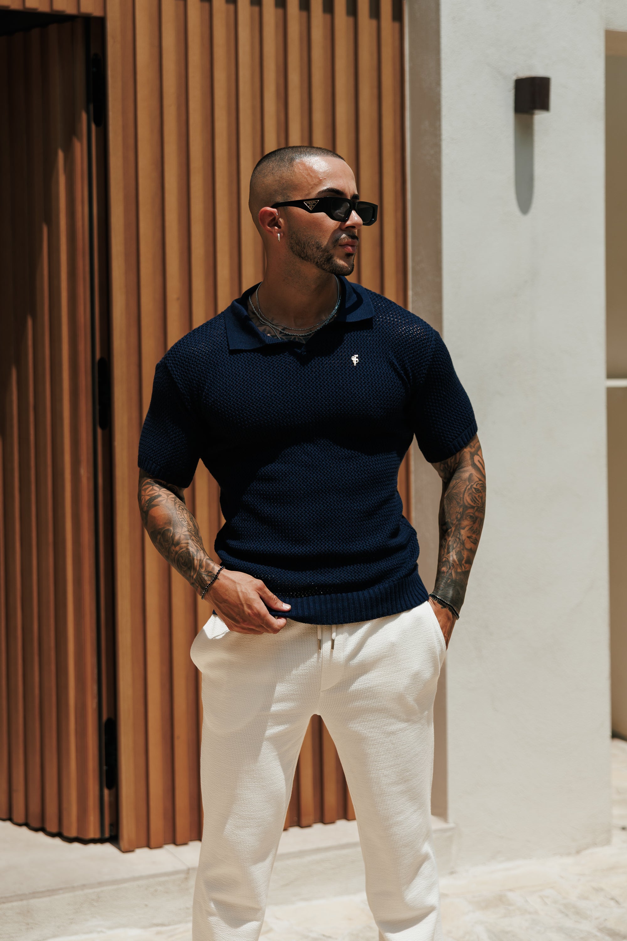 Navy / Gold Plain Crochet Knitted Revere Short Sleeve Polo - FSJ179